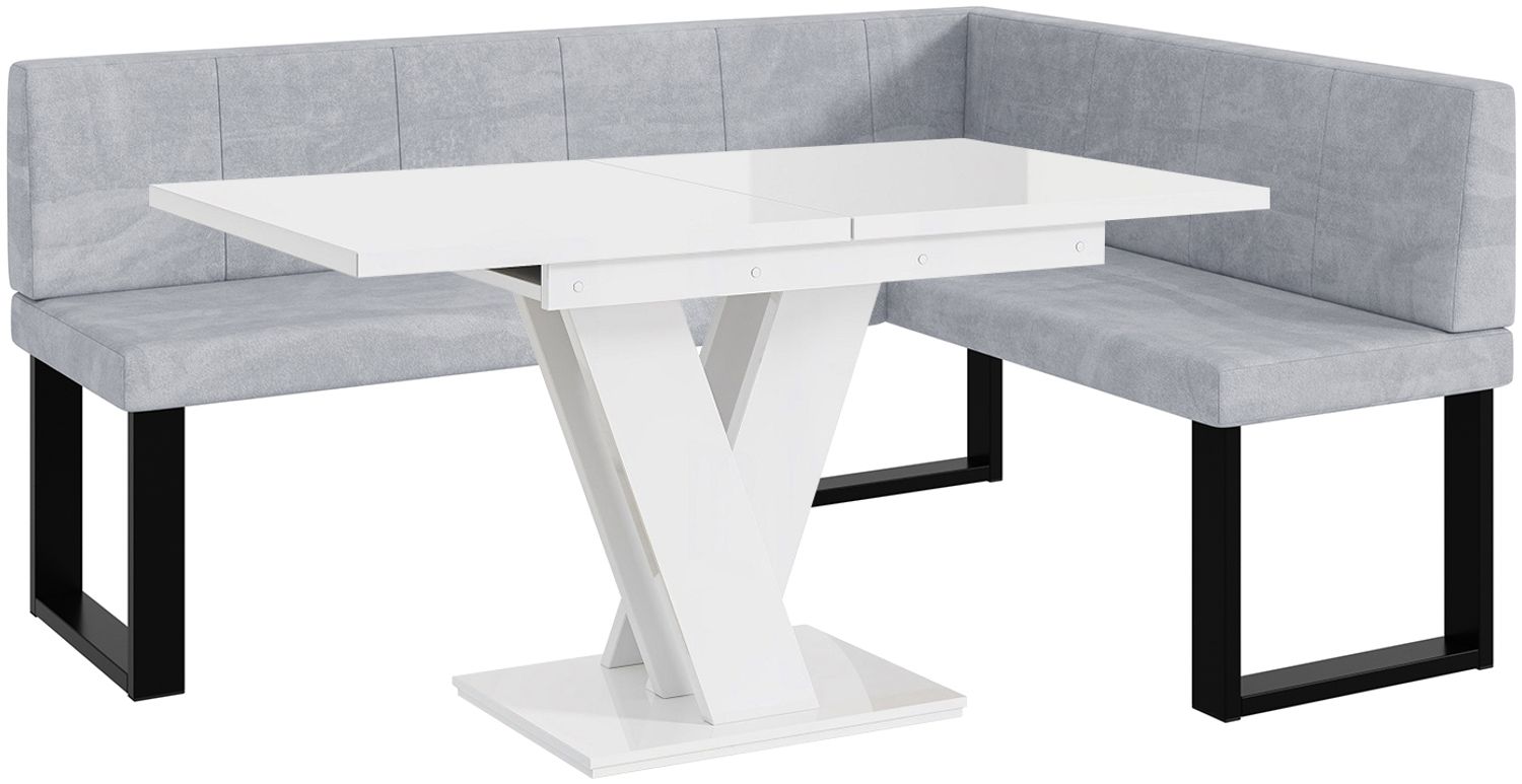 MEBLINI Eckbank für Esszimmer mit ausziehbarem Tisch - Küchenbank - Essecke - Sitzecke Küche - PETER - U-Beine 128x168x87cm Rechts - Hellgrau Samt/M Weiß Hochgl. Bild 1