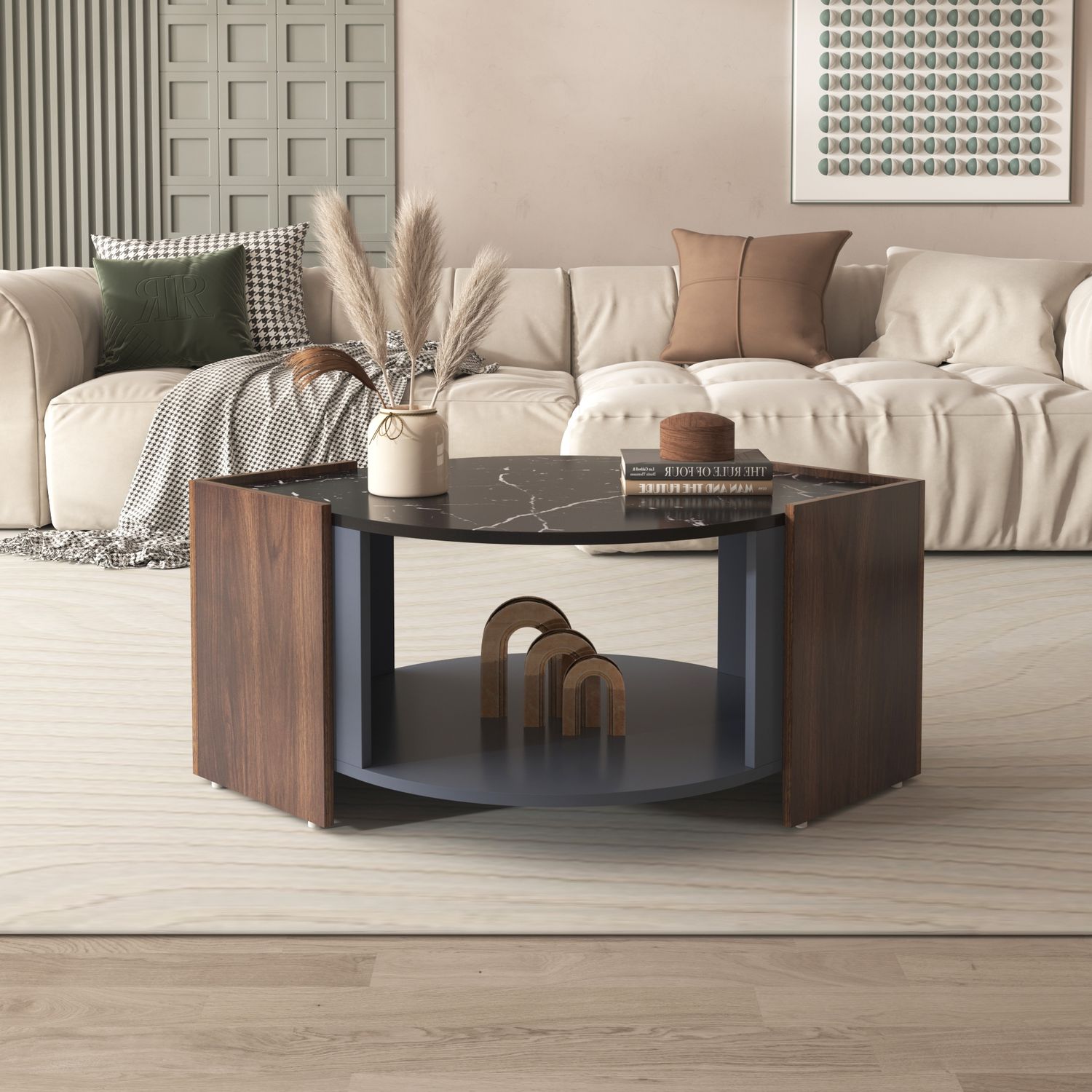 Couchtisch aus Spanplatte mit Marmor- & Walnussoptik, Ablagefach, 96,5x63x40 cm, Schwarz/Holzfarbe Bild 1