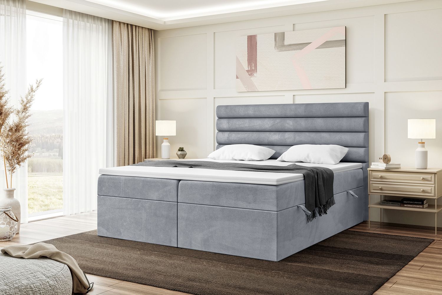 MEBLINI Boxspringbett KARIM 140x200 cm mit Bettkasten - H3/Grau Samt Polsterbett - Doppelbett mit Topper & Taschenfederkern-Matratze Bild 1