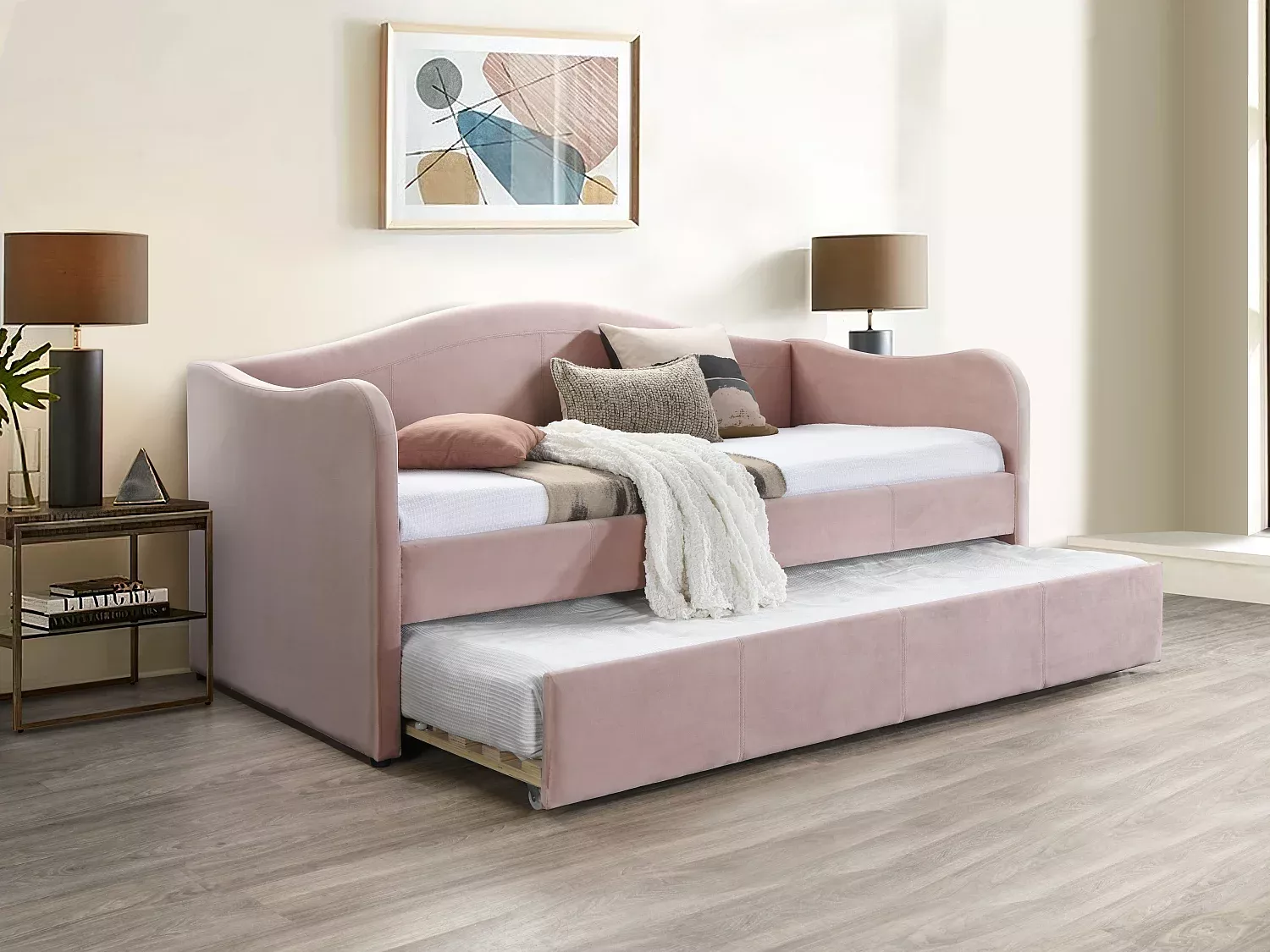Vente-unique - MATHILDE Bett Samt Puderrosa - B 101,5 cm x H 99 cm x L 203 cm Bild 1