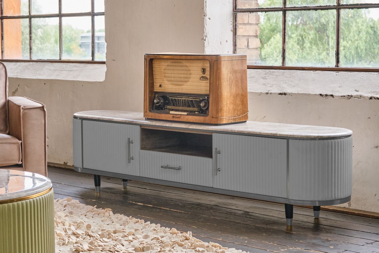 KAWOLA Lowboard MARIA TV-Bank Marmorplatte Kunstleder grau 45 x 40 x 200 cm Bild 1