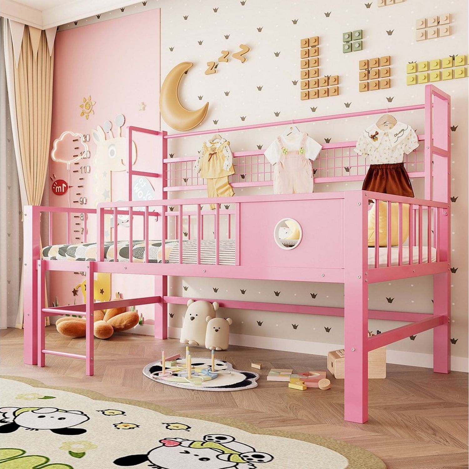 Flieks Kinderbett, Niedriges Hochbett Metallbett 90×200cm mit Netzregal Kleiderstange Bild 1