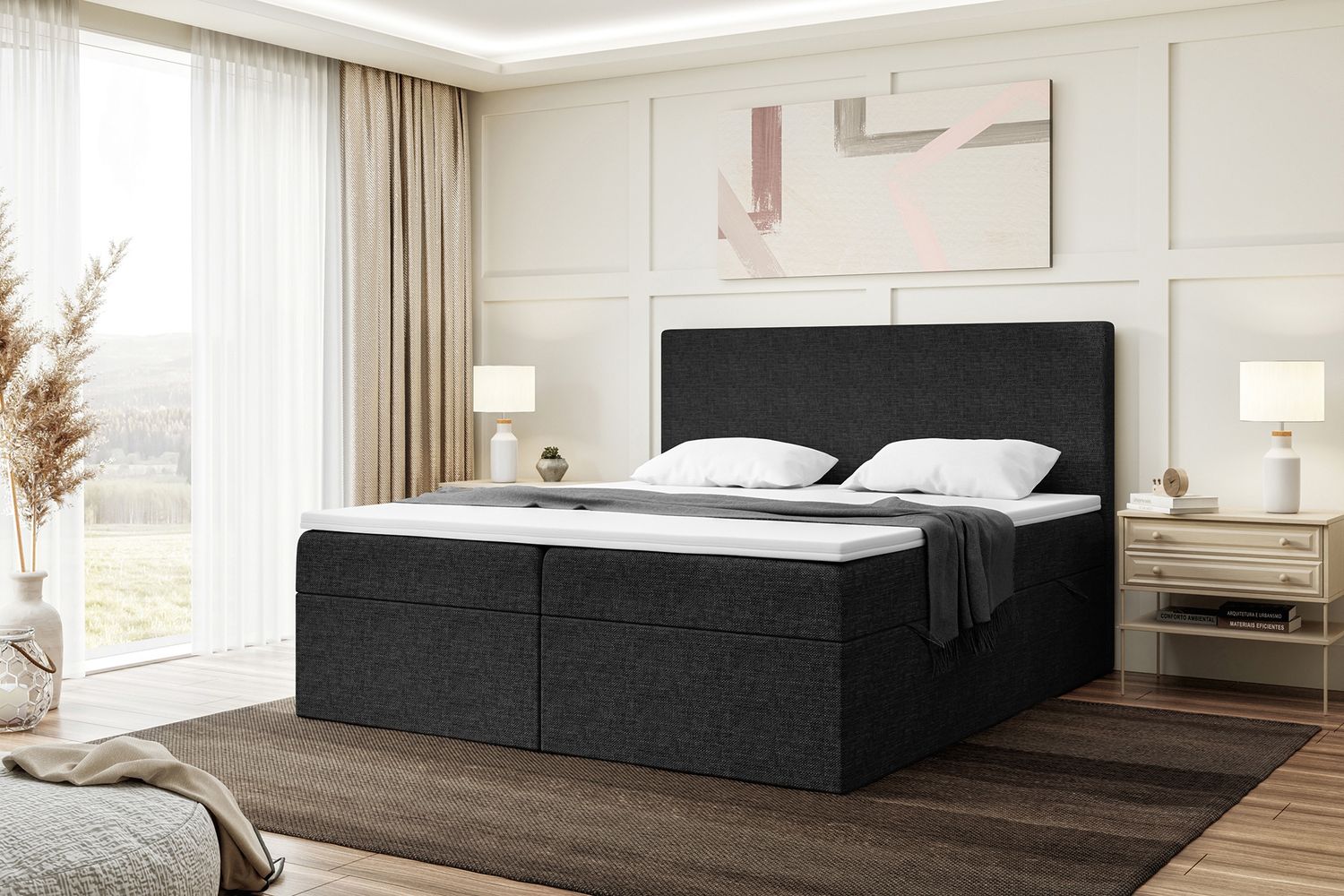 MEBLINI Boxspringbett ZLATAN 160x220 cm mit Bettkasten - H4/Schwarz Webstoff Polsterbett - Doppelbett mit Topper & Taschenfederkern-Matratze Bild 1