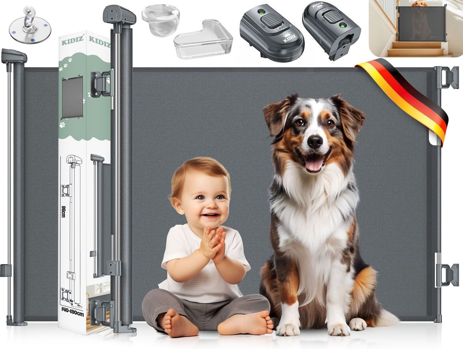 KIDIZ® Treppenschutzgitter Türschutzgitter ausziehbar bis 140/180cm | kindersicheres Treppengitter für Babys & Haustiere | Schutzgitter Treppen & Türen Absperrgitter inkl. Bodenanker & Montagezubehör Anthrazit, 0-140cm Bild 1