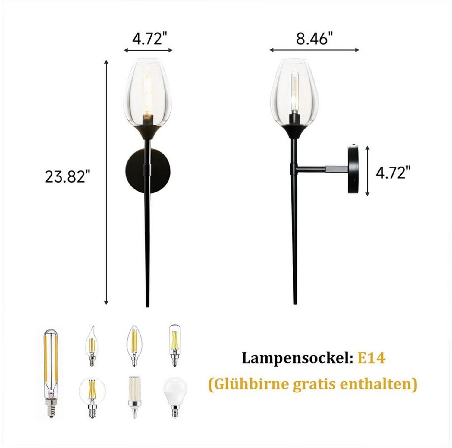 Sunicol Wandleuchte Schwarz Glas LED Wandleuchte mit E14-Glühlampe, 1/2 Stück, LED wechselbar, Vintage Industrielle Wandleuchte für Schlafzimmer, Wohnzimmer Bild 1