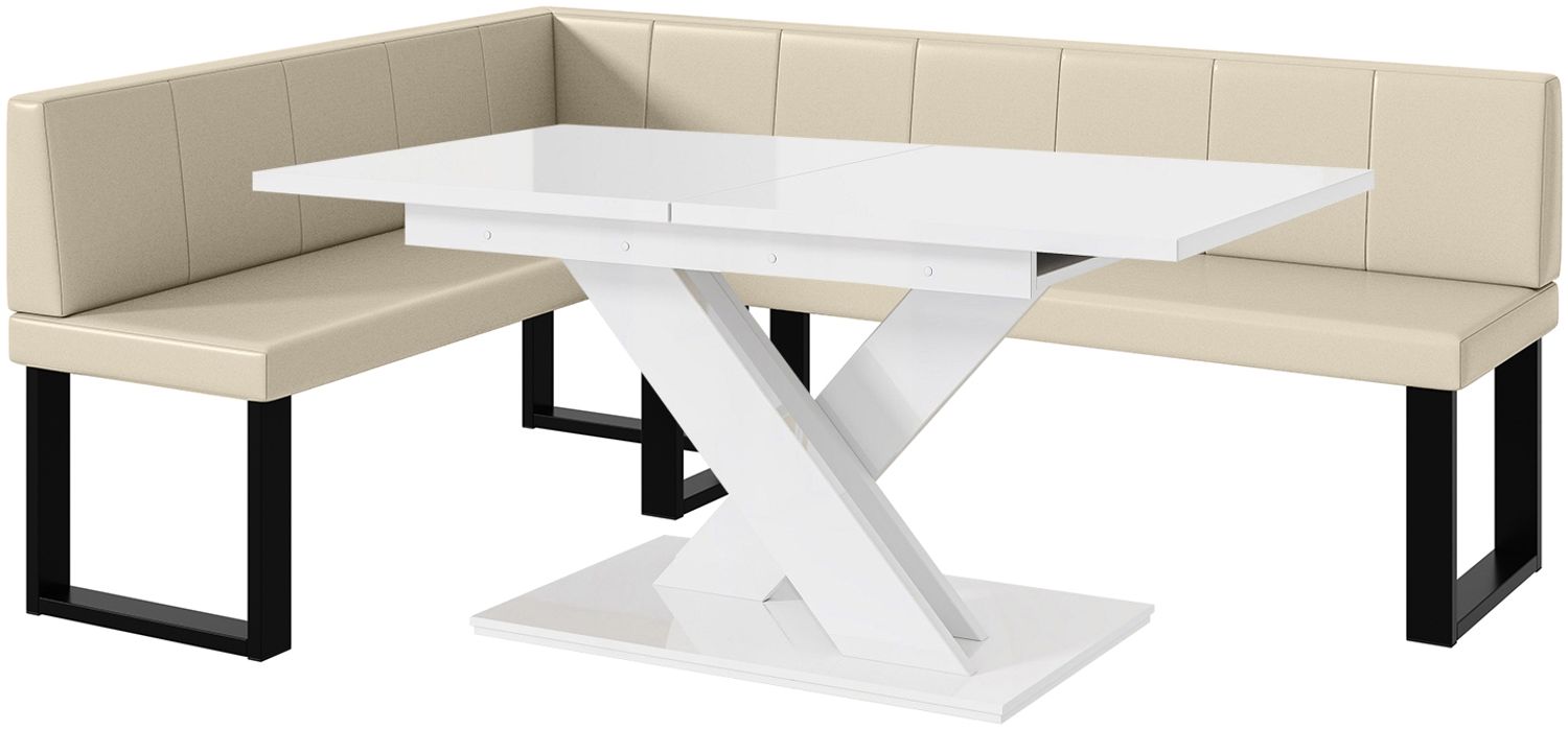 MEBLINI Eckbank für Esszimmer mit ausziehbarem Tisch - Küchenbank - Essecke - Sitzecke Küche - PETER - U-Beine 142x196x87cm Links - Creme Kunstleder/B Weiß Hochgl. Bild 1