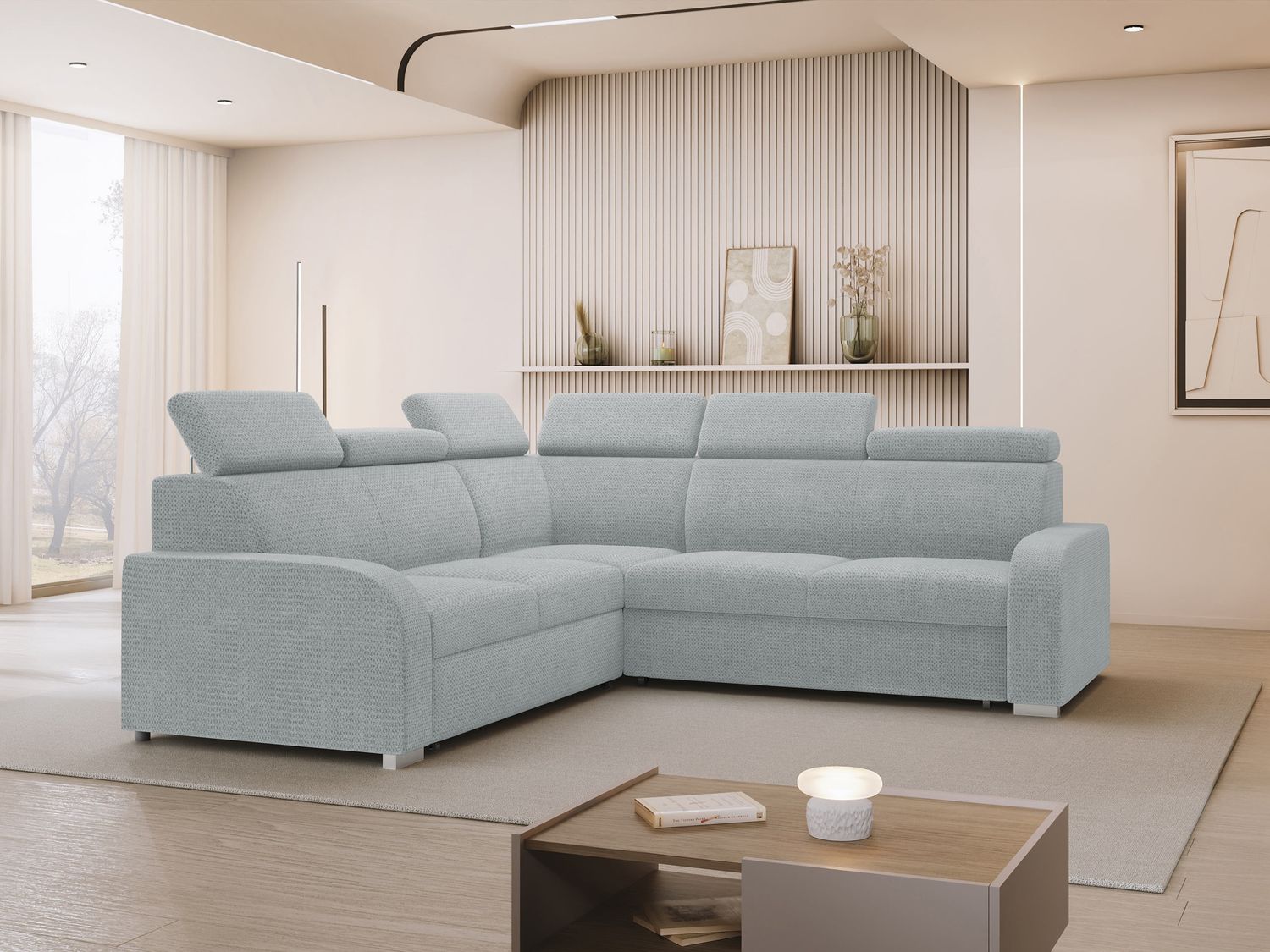 Ecksofa Apollo 2rR2p mit Schlaffunktion und Bettkasten, L-Form, Einstellbare Kopfstützen (Farbe: Crown 17) Bild 1