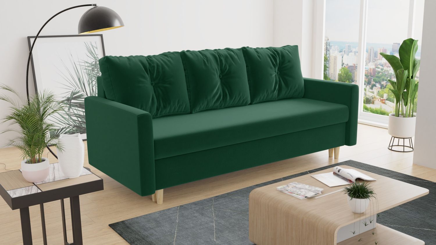 Schlafsofa Rico - Sofa mit Bettkasten, Couch mit Schlaffunktion, Bettfunktion, Bettsofa mit Bonell-Ferderkern, Velours (Grün (Kronos 19)) Bild 1