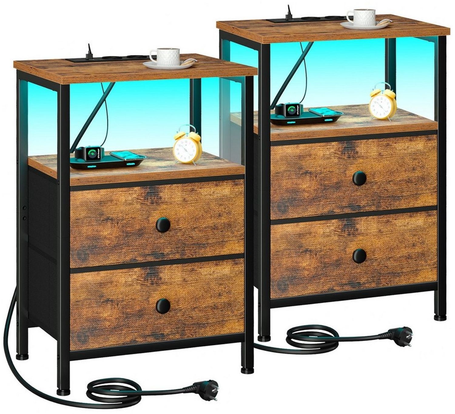 AMHANCIBLE Nachttisch 2er-Set mit integrierter Ladestation, LED-Beleuchtung & 2 Schubladen (2-St), multifunktionaler Beistelltisch mit offenem Fach, 40 x 30 x 60 cm Bild 1