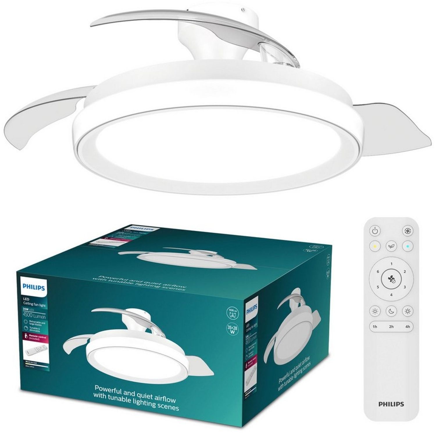 Philips LED Deckenleuchte Bliss 35W DC-Ventilator 28W, einziehbare Rotorblätter, Glitzeroptik, CCT - über Fernbedienung, Dimmer, Dimmfunktion, Ein-/Ausschalter, Farbsteuerung, Fernbedienung, Infrarot inkl, Memoryfunktion, Ventilatorfunktion, dimmbar üb... Bild 1