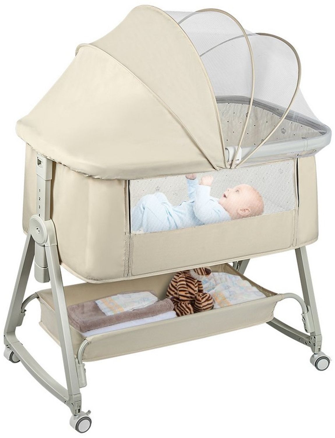 JEOBEST Beistellbett 3 in1 Babybetten mit Rollen, Beistellbett Baby mit Moskitonetz, (6 Fach Höhenverstellung und Neigungsverstellung)mit Aufbewahrungskorb Bild 1