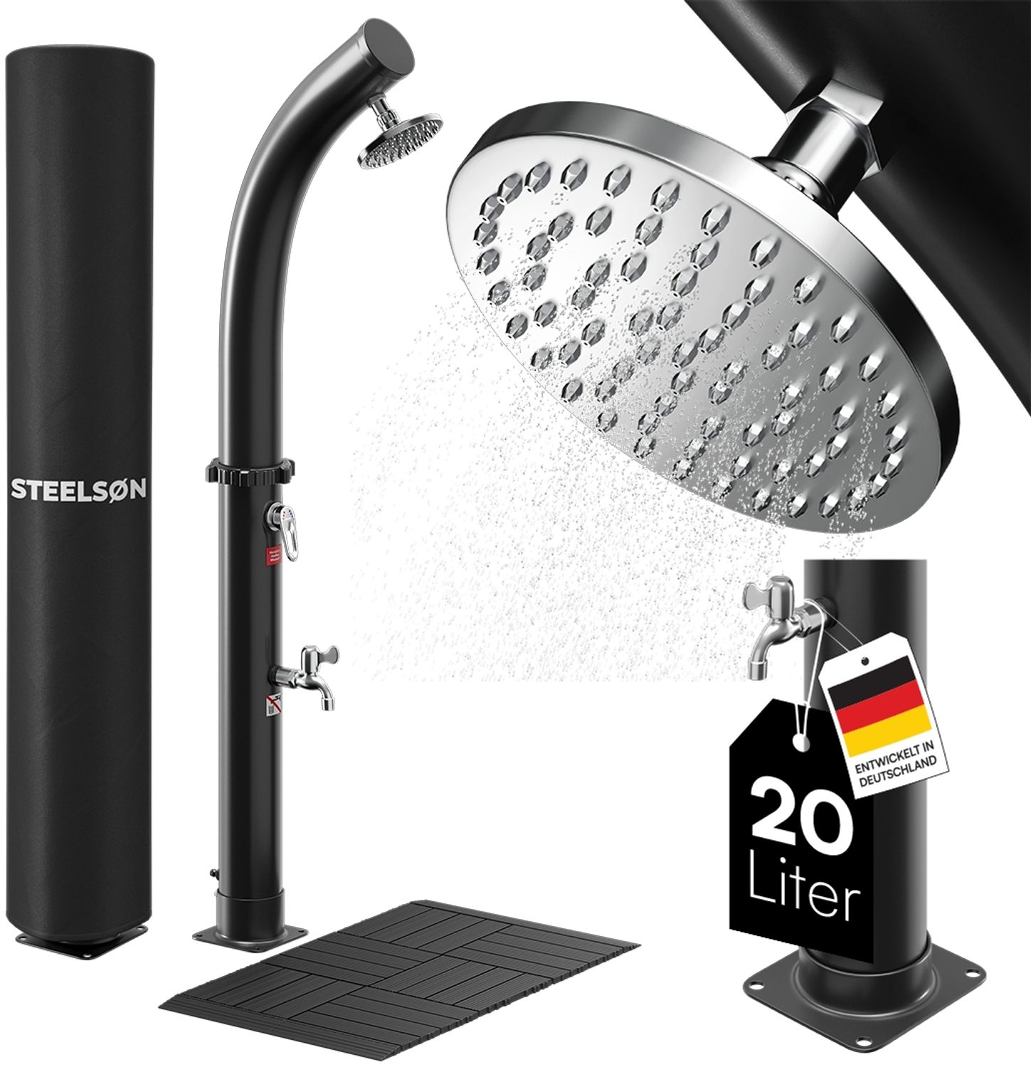STEELSØN 'Selara' Solardusche 20 Liter, schwarz, warmes Wasser bis 60°C, Gartendusche mit schwankendem Regenduschkopf und Wasserhahn, Outdoor Dusche inkl. Schutzhaube und Kunststoffboden Bild 1