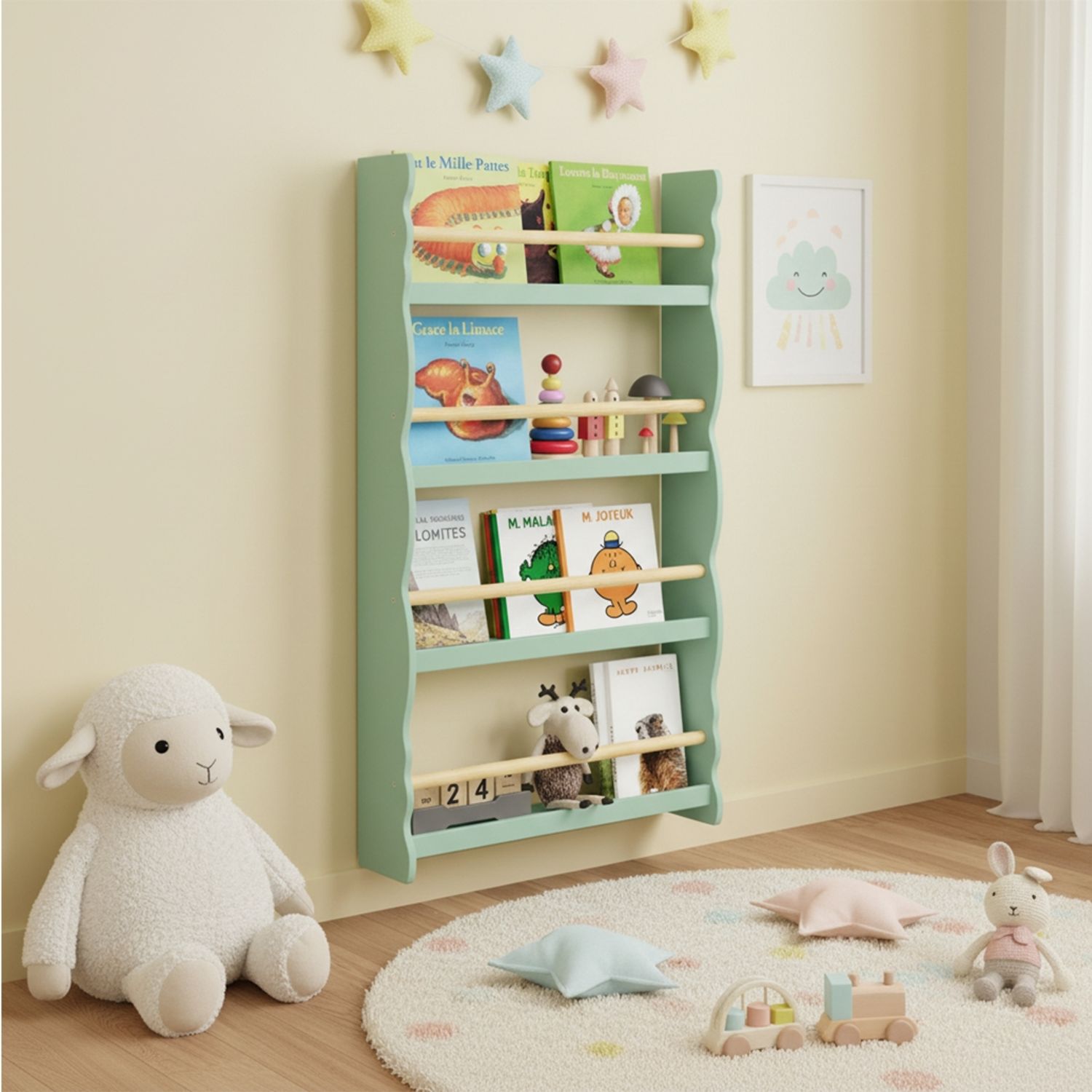 Bellabino 'Tista' Wandregal für Kinder, grün, 100x60x10 cm, Holz, Kinderbücherregal mit 4 Ablagen Bild 1