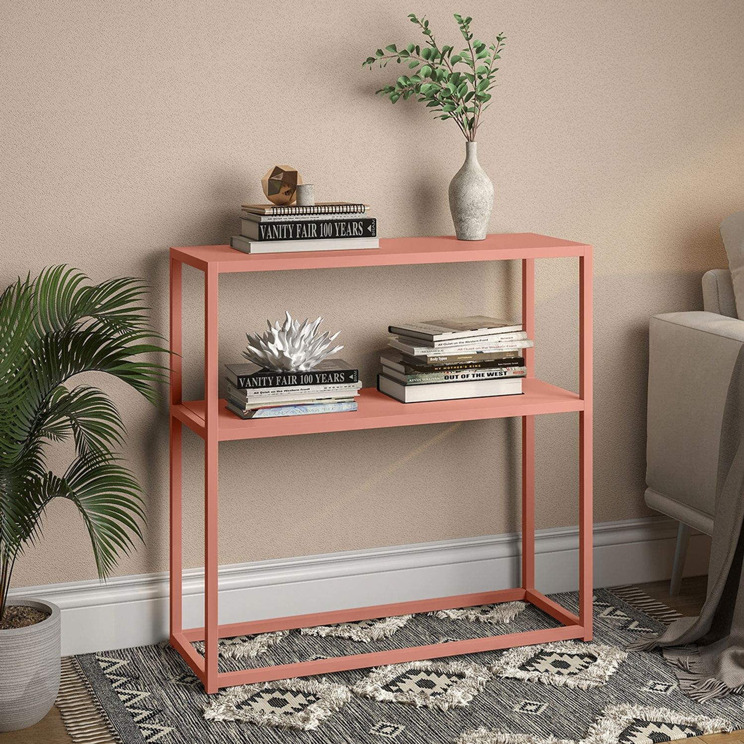 skølm 'Skadi' Konsolentisch mit zwei Ablagen, Metall, terrakotta, 80x28x80 cm, Metallregal mit Stauraum Bild 1