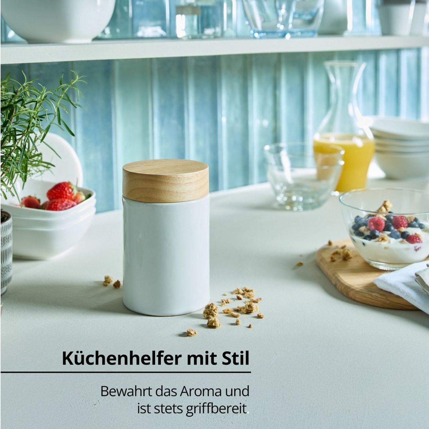 KHG Vorratsdose für Kaffee aus Steinzeug mit Akazienholz‑Deckel – ohne Beschriftung, Steingut, Aufbewahrungsdose für Kaffee schützt Aroma da luftdicht verschließbar Bild 1