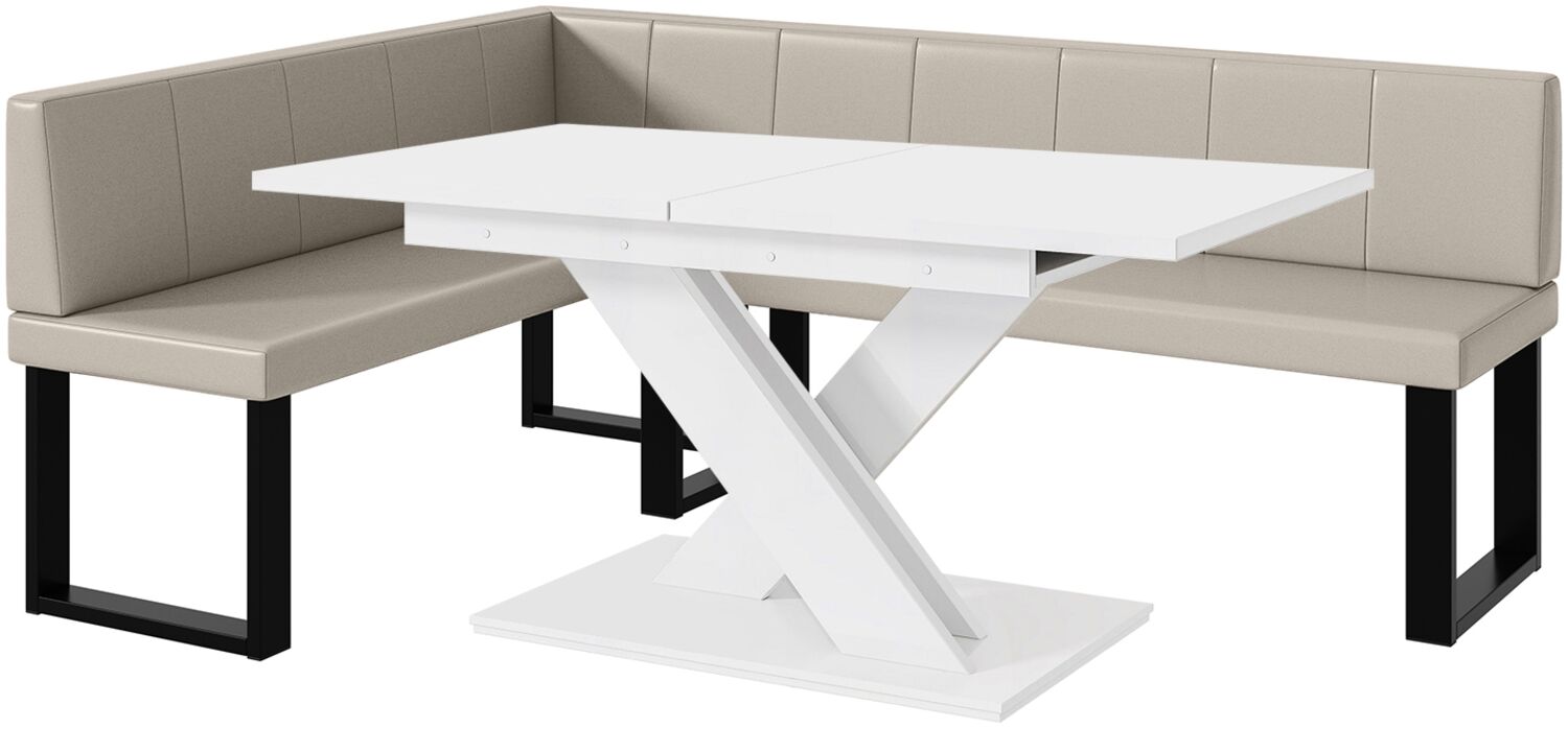 MEBLINI Eckbank für Esszimmer mit ausziehbarem Tisch - Küchenbank - Essecke - Sitzecke Küche - PETER - U-Beine 142x196x87cm Links - Beige Kunstleder/B Weiß Matt Bild 1