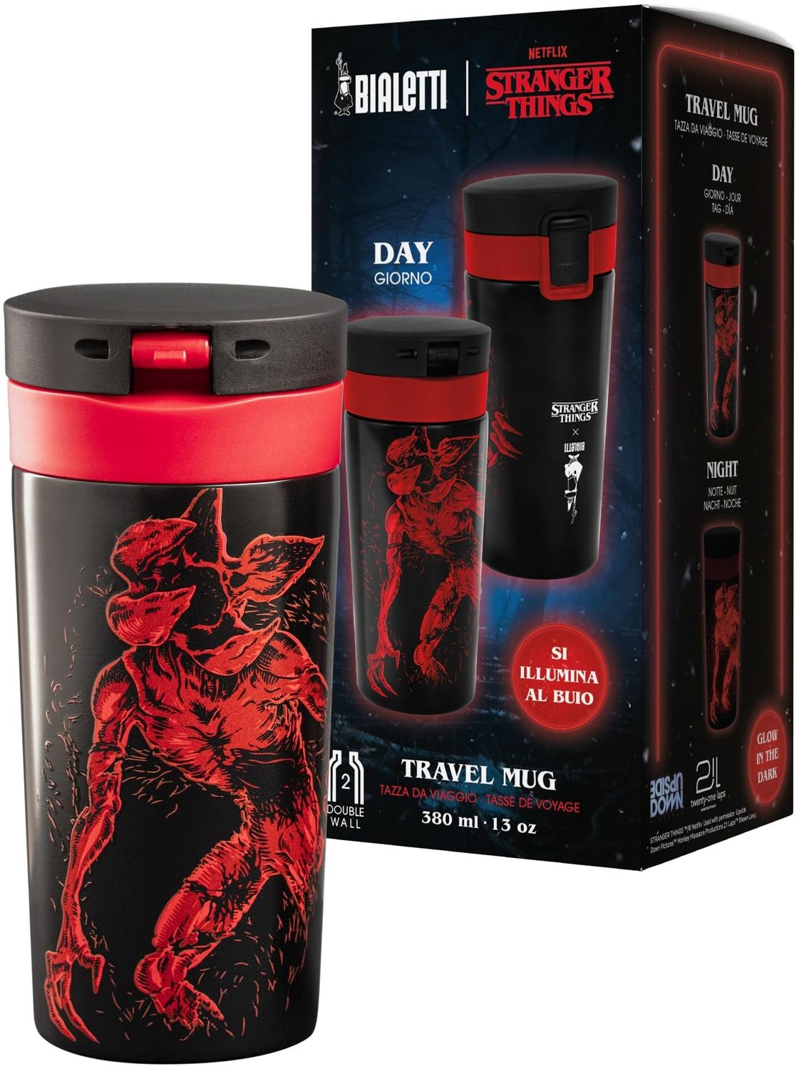 Bialetti Thermo-Reisebecher Stranger Things, 380 ml – leuchtet im Dunkeln, hält die Temperatur, nicht spülmaschinengeeignet Bild 1