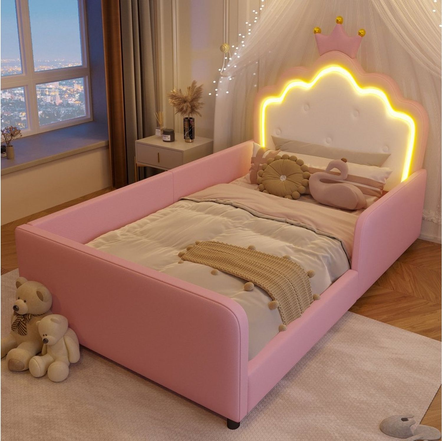 Flieks Polsterbett Prinzessinnenbett in Kronenform, Kinderbett 90x190cm mit LED-Lichtleiste und Sicherheitsgitter Bild 1