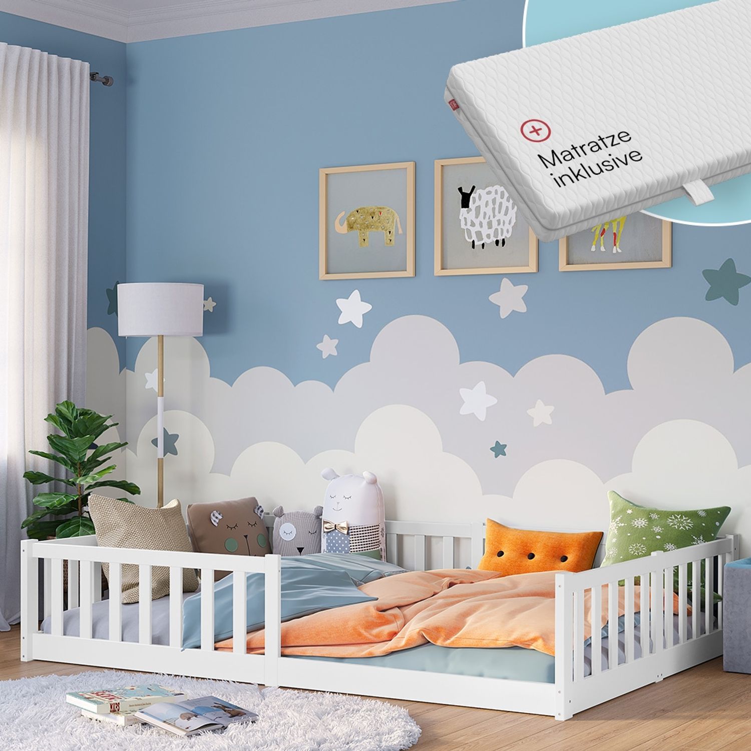 Bellabino 'Vere' Bodenbett 140x200 cm mit Matratze, weiß, Massivholz Kiefer, Montessori Kinderbett mit Rausfallschutz und Lattenrost Bild 1