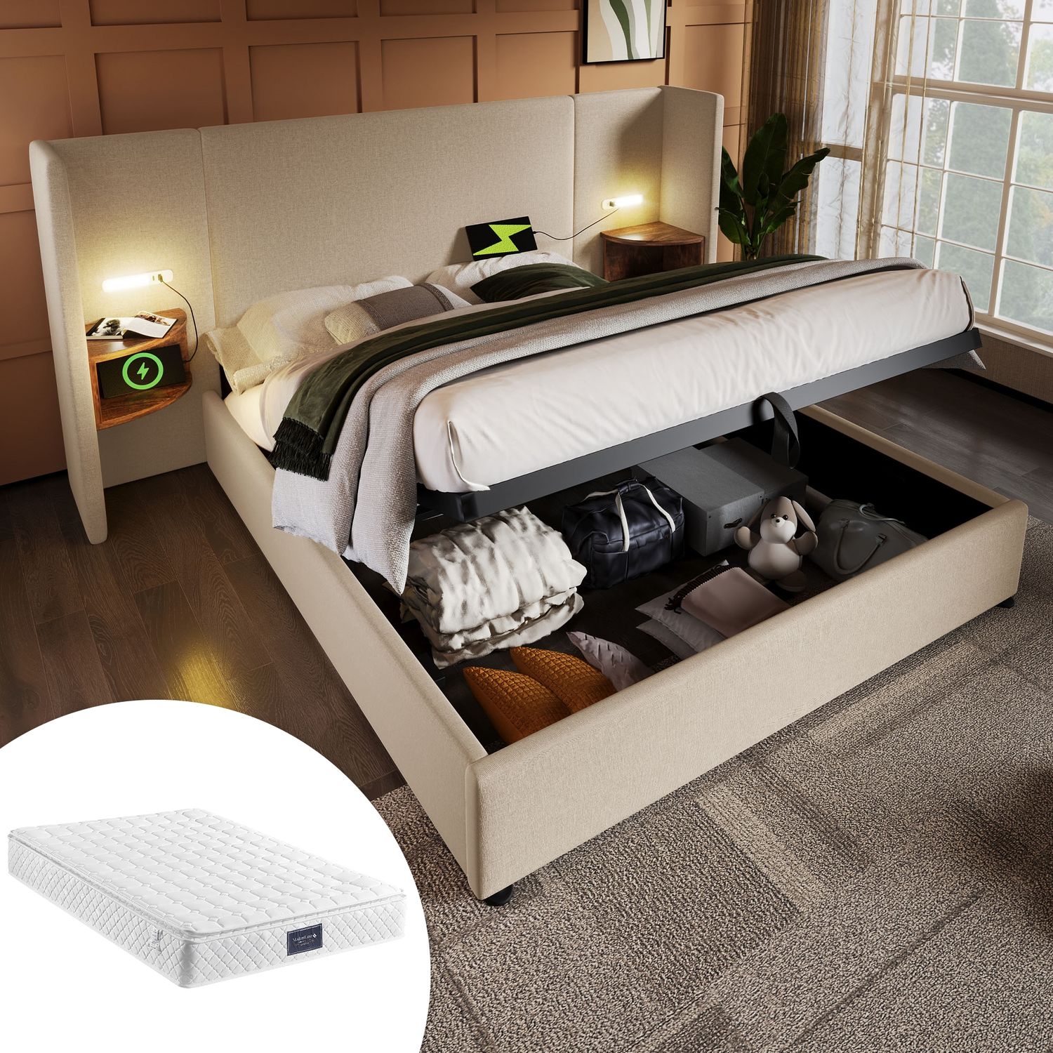 Polsterbett mit Stauraum & Ladefunktion, Bett 160x200 cm mit Touch-Leselampe, USB/Type-C Ports & Regal,beige,mit Matratze Bild 1