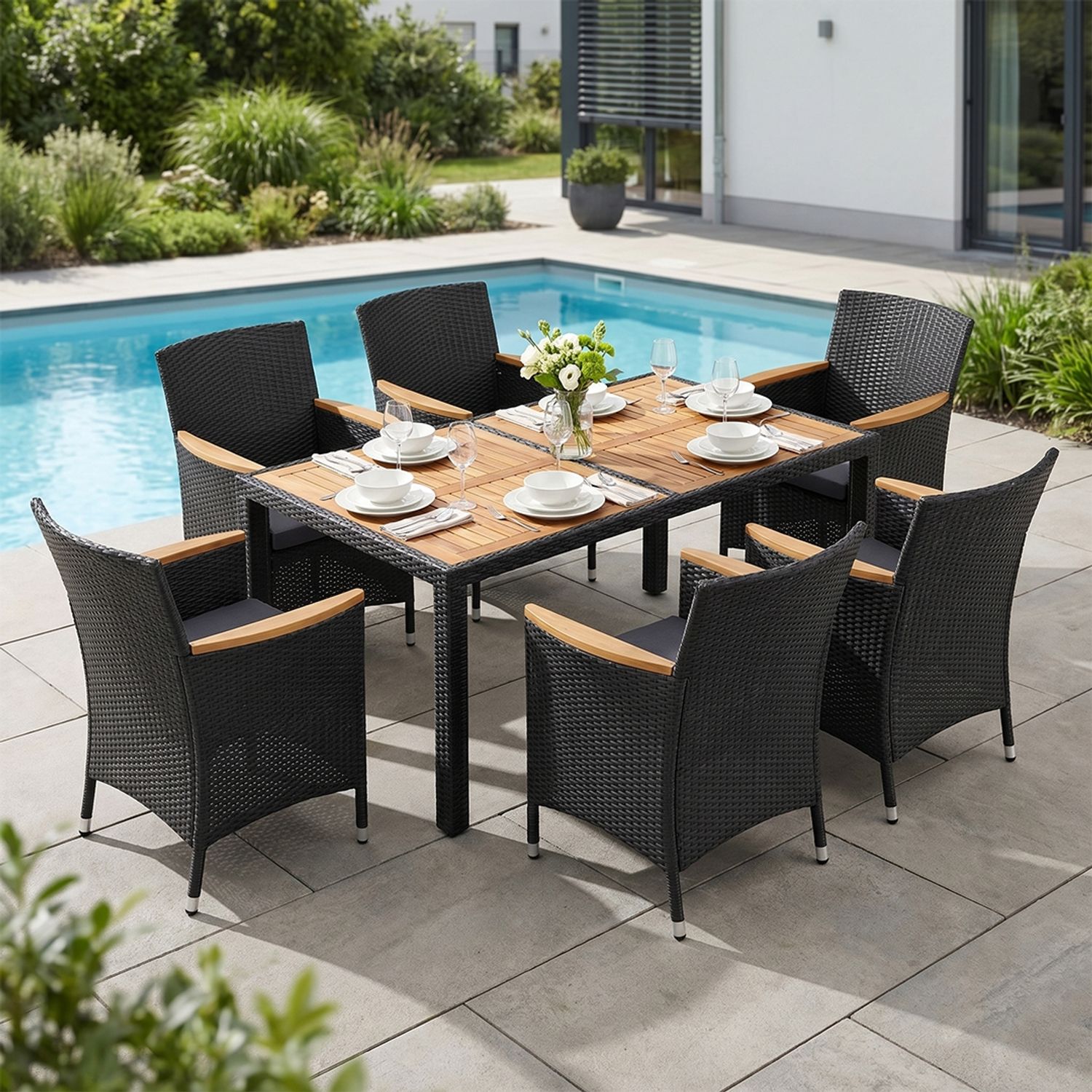 STEELSØN 'Fawaris' Polyrattan Sitzgruppe Outdoor 7-tlg, Gartenmöbel Set aus 6 Stühlen und Tisch inkl. Kissen, Akazienholz, schwarz, wetterfest für 4 Personen Bild 1