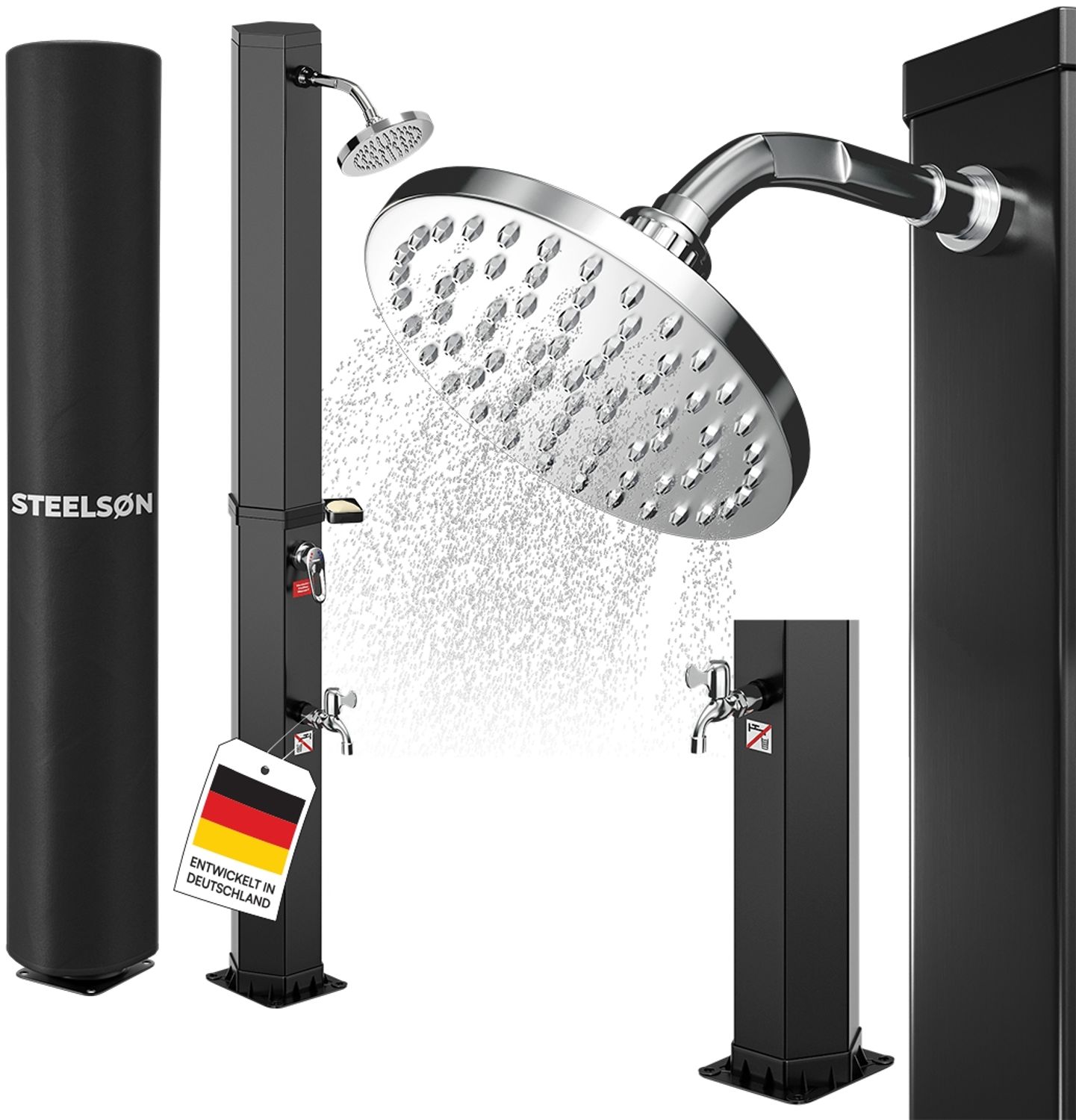 STEELSØN 'Xypher' Solardusche 60L, hexagon, schwarz, warmes Wasser bis 60°C, schwankender Regenduschkopf und Wasserhahn, Gartendusche inkl. Schutzhaube Bild 1