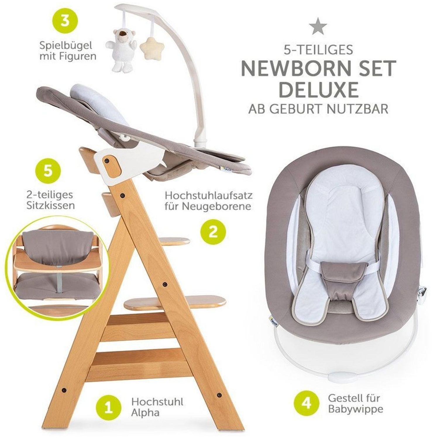Hauck Hochstuhl Alpha Plus Natur - Newborn Set Deluxe (Set, 4 St), Holz Babystuhl ab Geburt inkl. Aufsatz für Neugeborene & Sitzauflage Bild 1