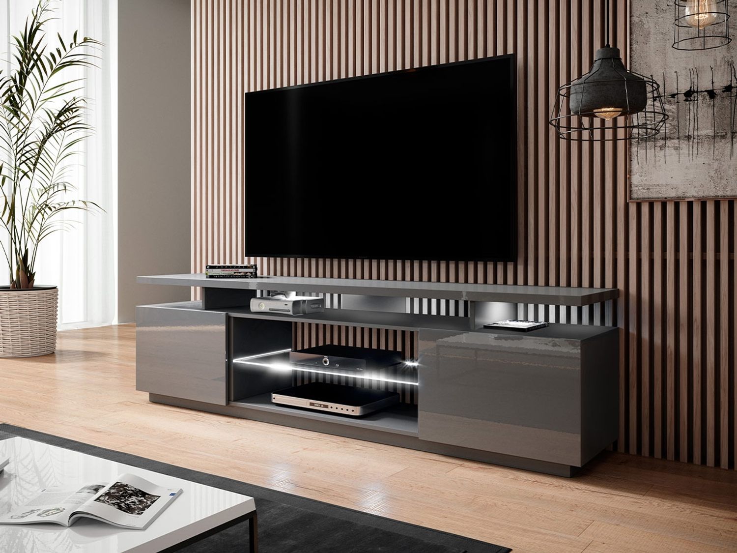 TV-Lowboard Lostino, mit LED Beleuchtung, Grau / Grau Hochglanz, 180 x 56 x 40 cm Bild 1