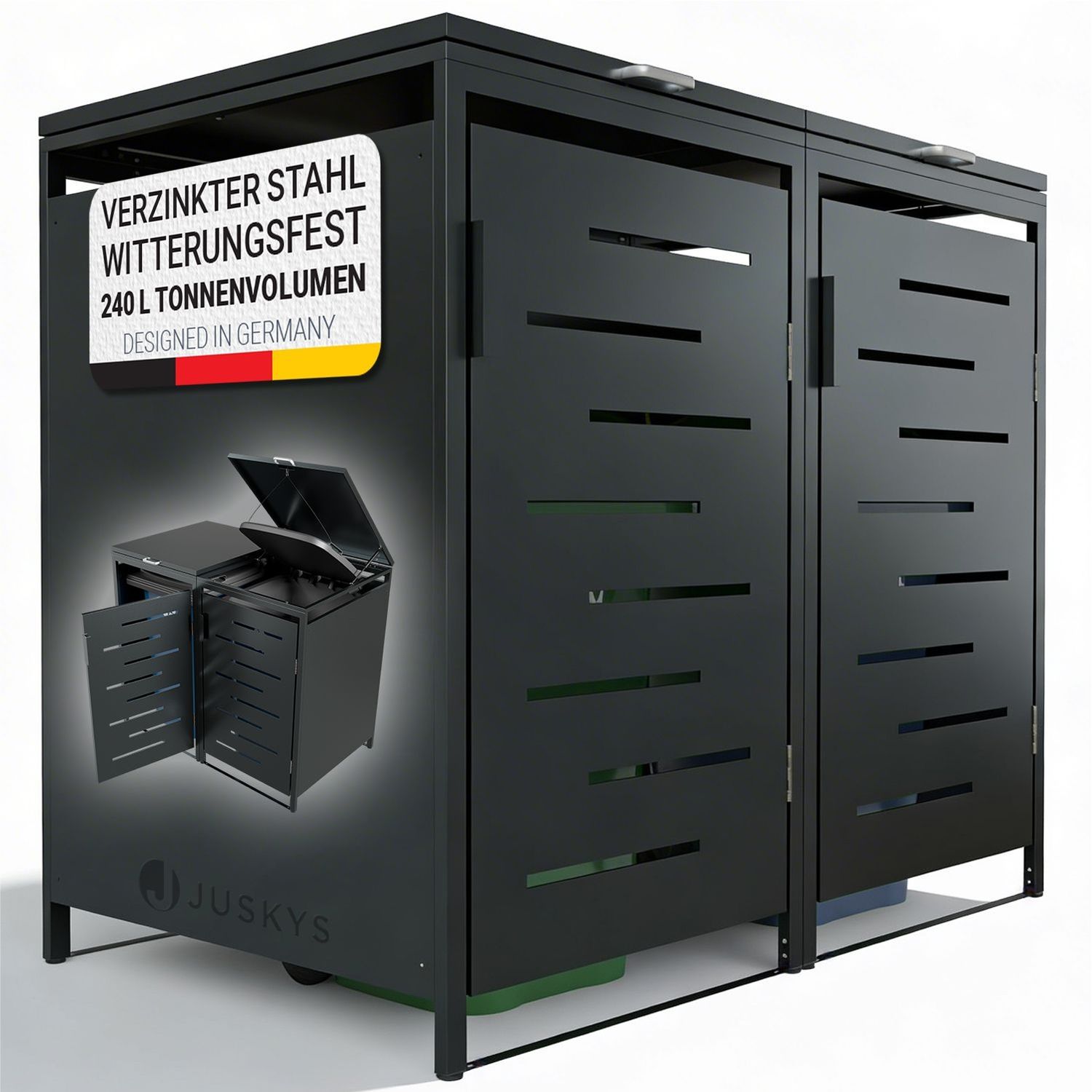 Juskys Mülltonnenbox Arel 2er - Metall Gartenbox für 120l bzw. 240l Mülltonnen - Aufbewahrungsbox - Unterstand mit Dach & Gasdruckfeder - Anthrazit Bild 1