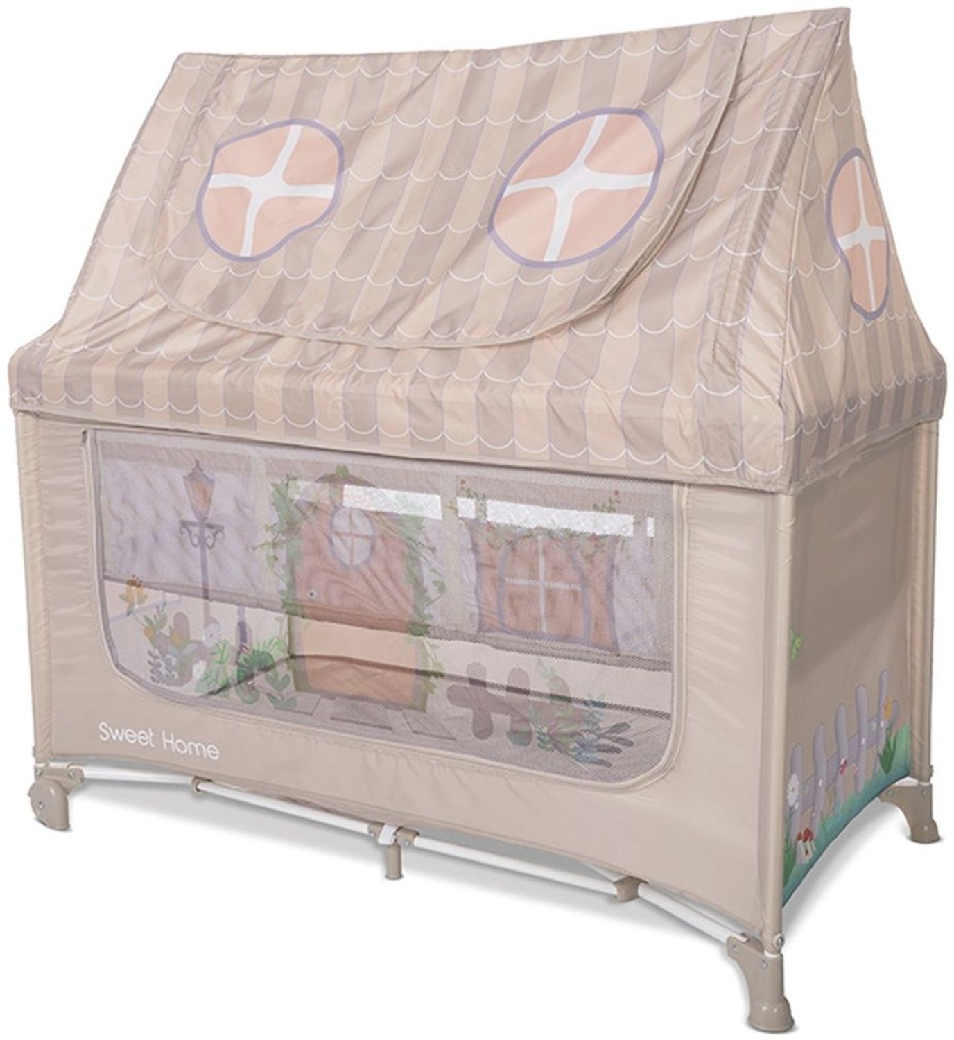 Lorelli Reisebett Sweet Home 2 Ebenen Laufstall mit Dach faltbar Räder Matratze beige Bild 1