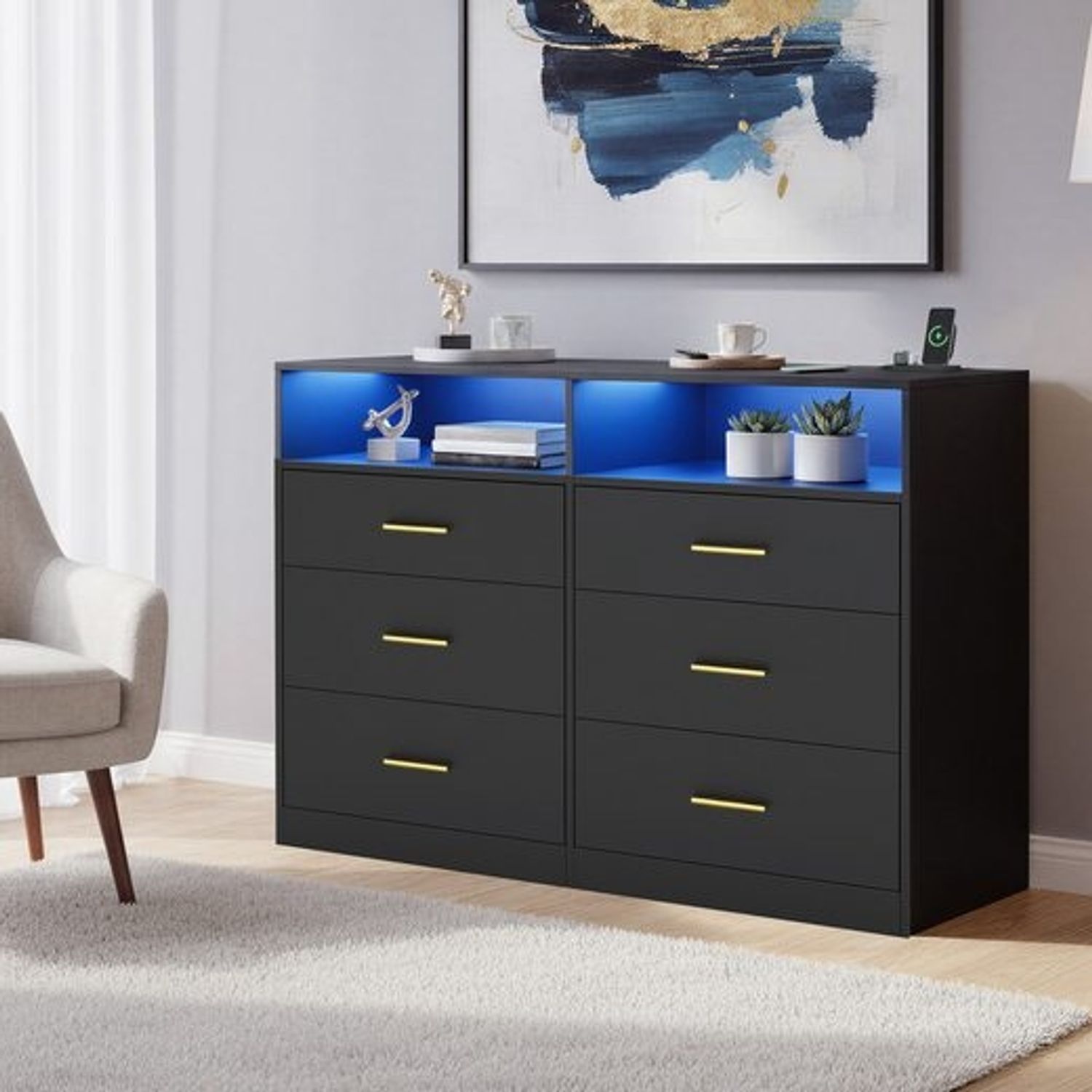 VASAGLE Kommode mit LED-Beleuchtung und Ladestation, 6 Schubladen, modern, Schlafzimmer Wohnzimmer, schwarz Bild 1