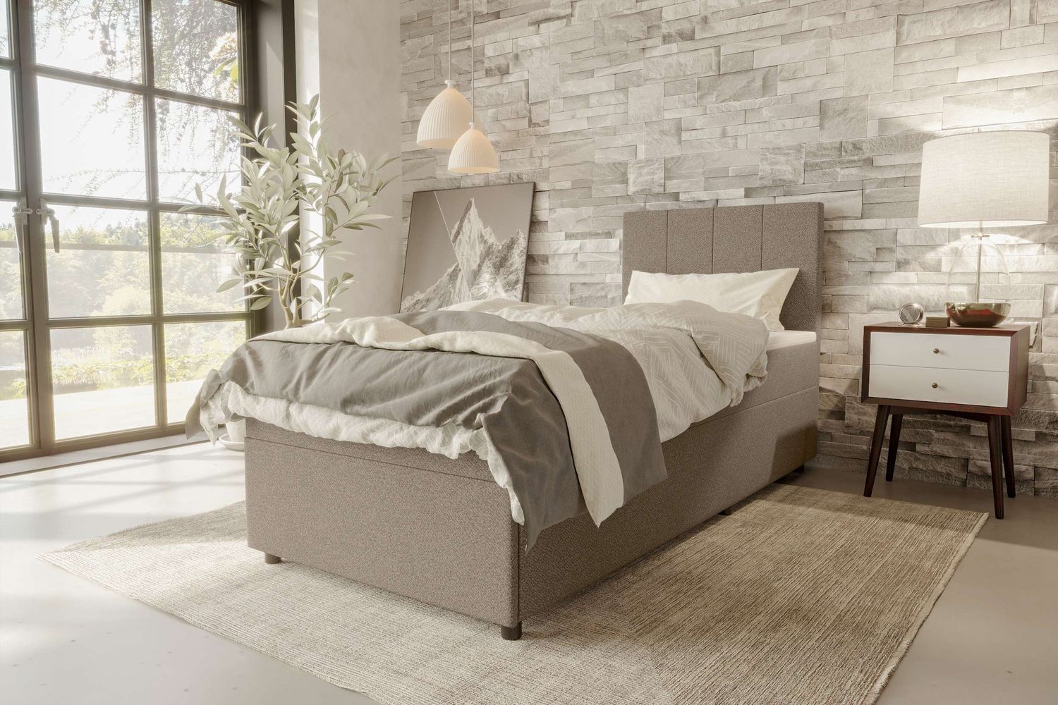 99rooms Kira Mini Boxspringbett Strukturstoff NEVE Hellbraun 90x200 cm Bild 1