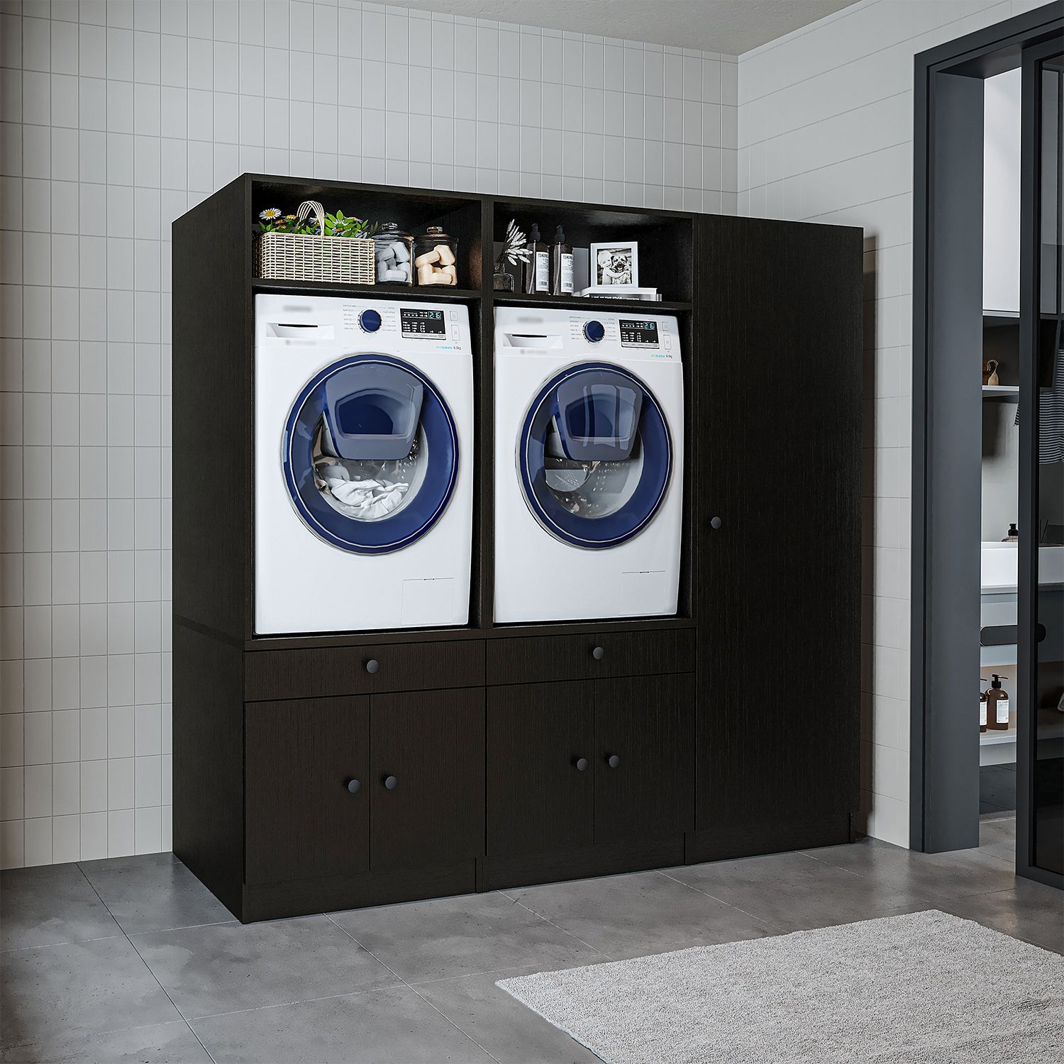 Roomart Schrankwand mit Schrankaufsätzen für Waschmachine & Trockner • 201 cm Breit • Schwarz eiche Bild 1