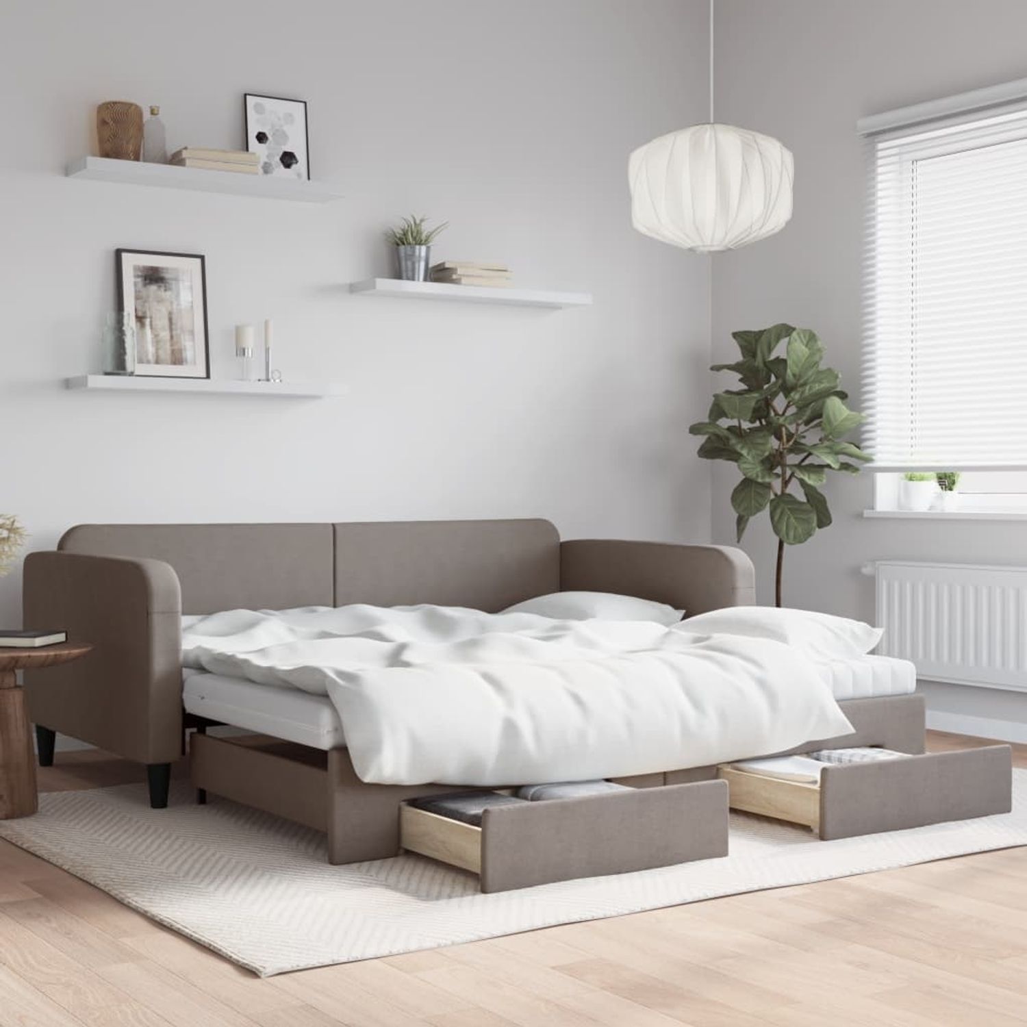 vidaXL Tagesbett Ausziehbar mit Schubladen Taupe 100x200 cm Stoff 3196878 Bild 1