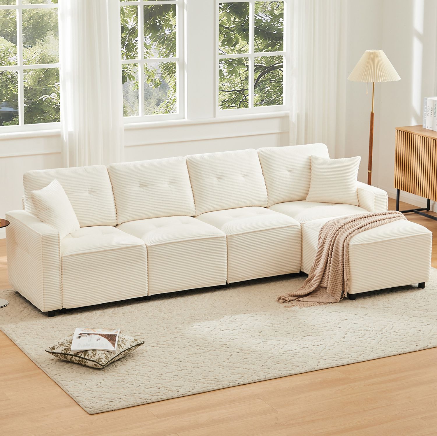 Sofa 280 x 146 x 85 cm mit Stauraum und frei platzierbarem Hocker – 4-Sitzer aus Cord in Beige Bild 1