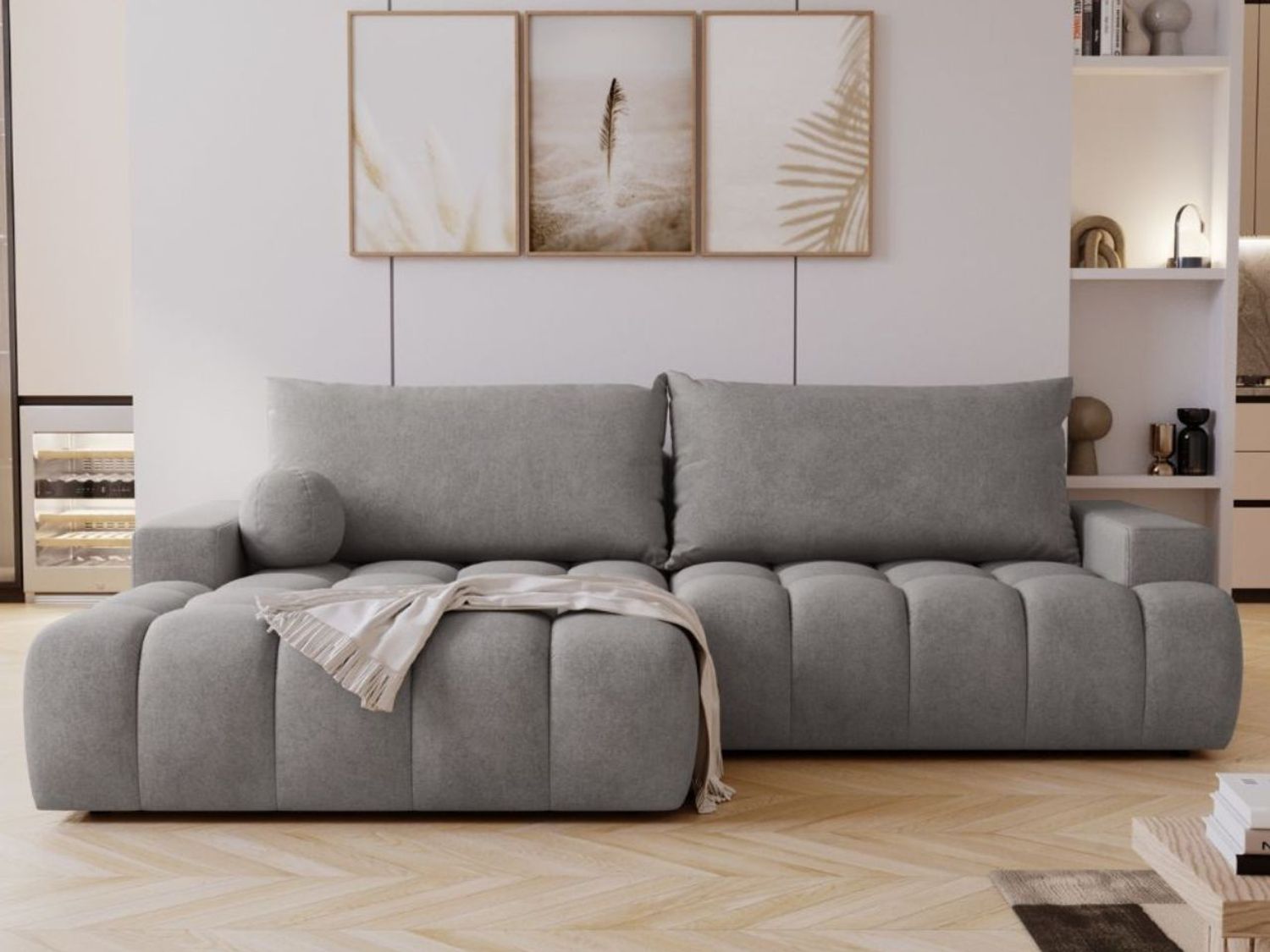 GRAINGOLD Ecksofa Havi, Sofa L-Form mit Bettkasten, gesteppte Sitzfläche, Schlaffunktion, Velour-Stoff, Grau, Links Bild 1