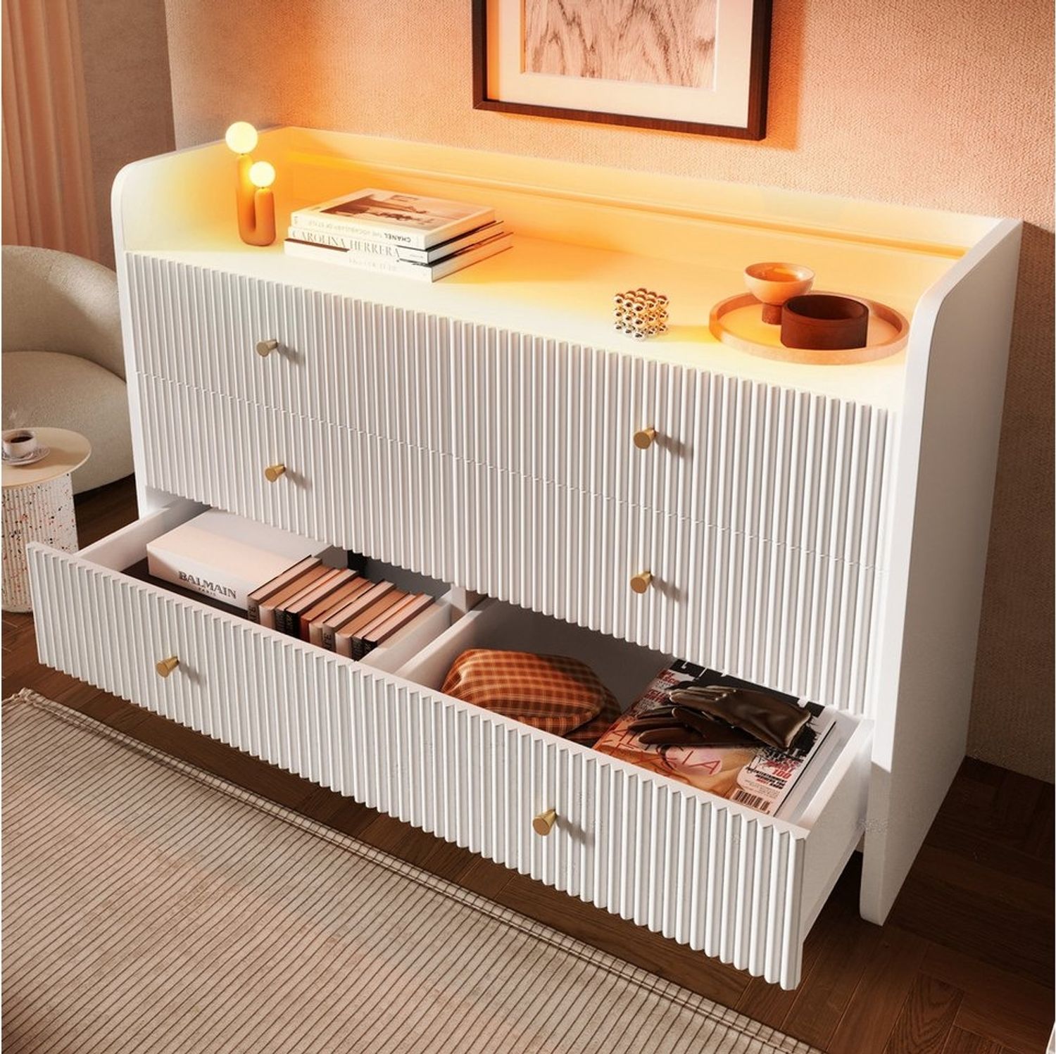 Flieks Kommode mit 6 Schubladen und LED-Beleuchtung (1 St, B120/T40/H75 cm), Sideboard Schrank für Wohnzimmer und Schlafzimmer Weiß Bild 1