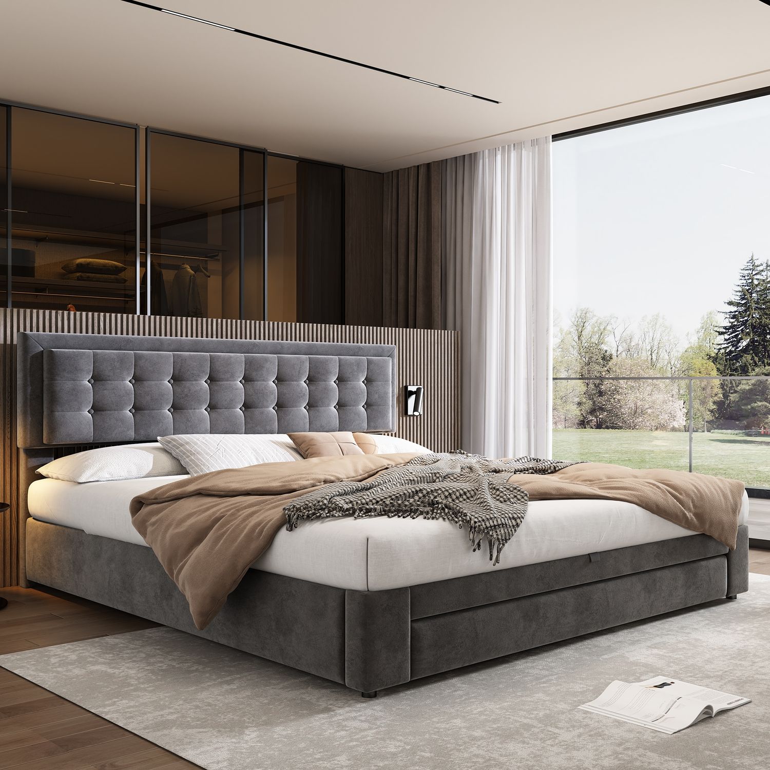 Polsterbett 160×200 cm aus Samt-Stoff mit Stauraum und verstellbarem Kopfteil, grau Bild 1