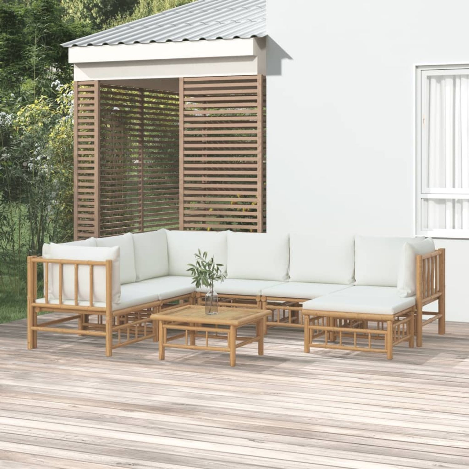 vidaXL 8-tlg. Garten-Lounge-Set mit Cremeweißen Kissen Bambus 3155191 Bild 1