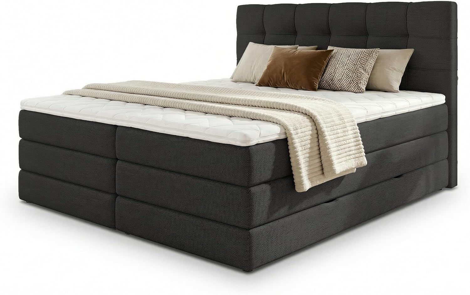 Boxspringbett Best XL mit 2 Bettkästen und Topper, mit Taschenfederkern- und Bonellfederkernmatratze, Doppelbett, Polsterbett aus Webstoff mit Stauraum (Schwarz (Inari 100), 160 x 200 cm) Bild 1