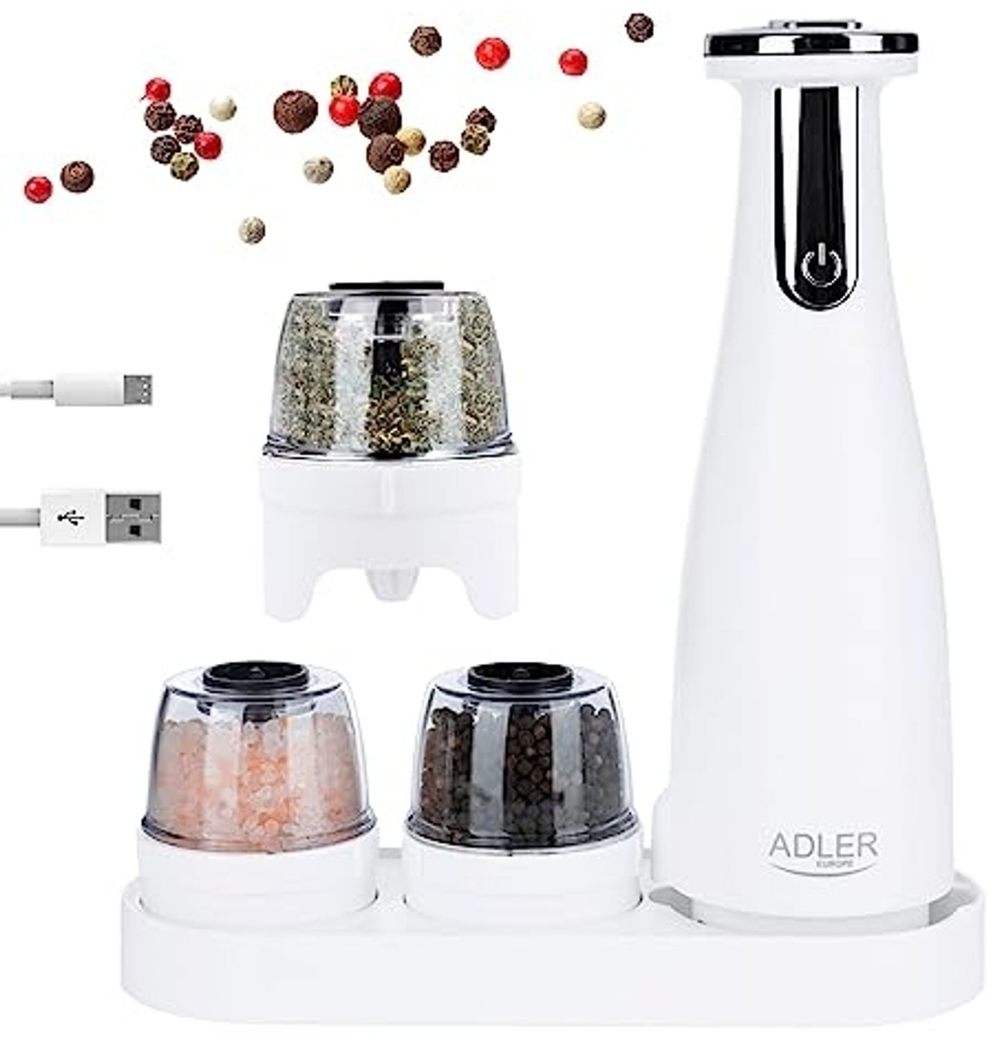Adler AD 4449 Elektrische Salz- & Pfeffermühle, 3-in-1 Set mit Keramikmahlwerk - Weiß Bild 1