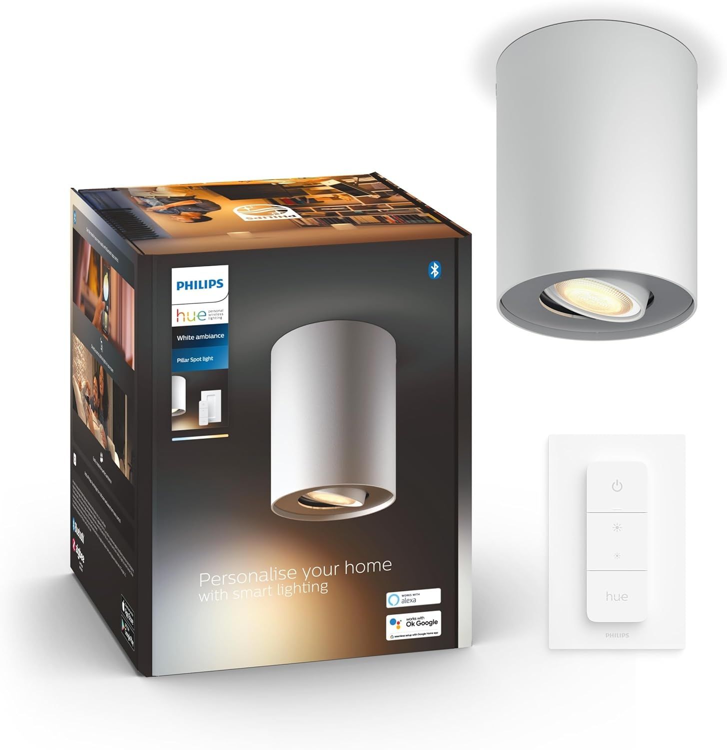 Philips Hue White Ambiance Pillar 1er Spot, inkl. GU10 LED-Lampe + Dimmschalter, steuerbar via App, kompatibel mit Amazon Alexa (Echo, Echo Dot), weiß, neue Generation Bild 1