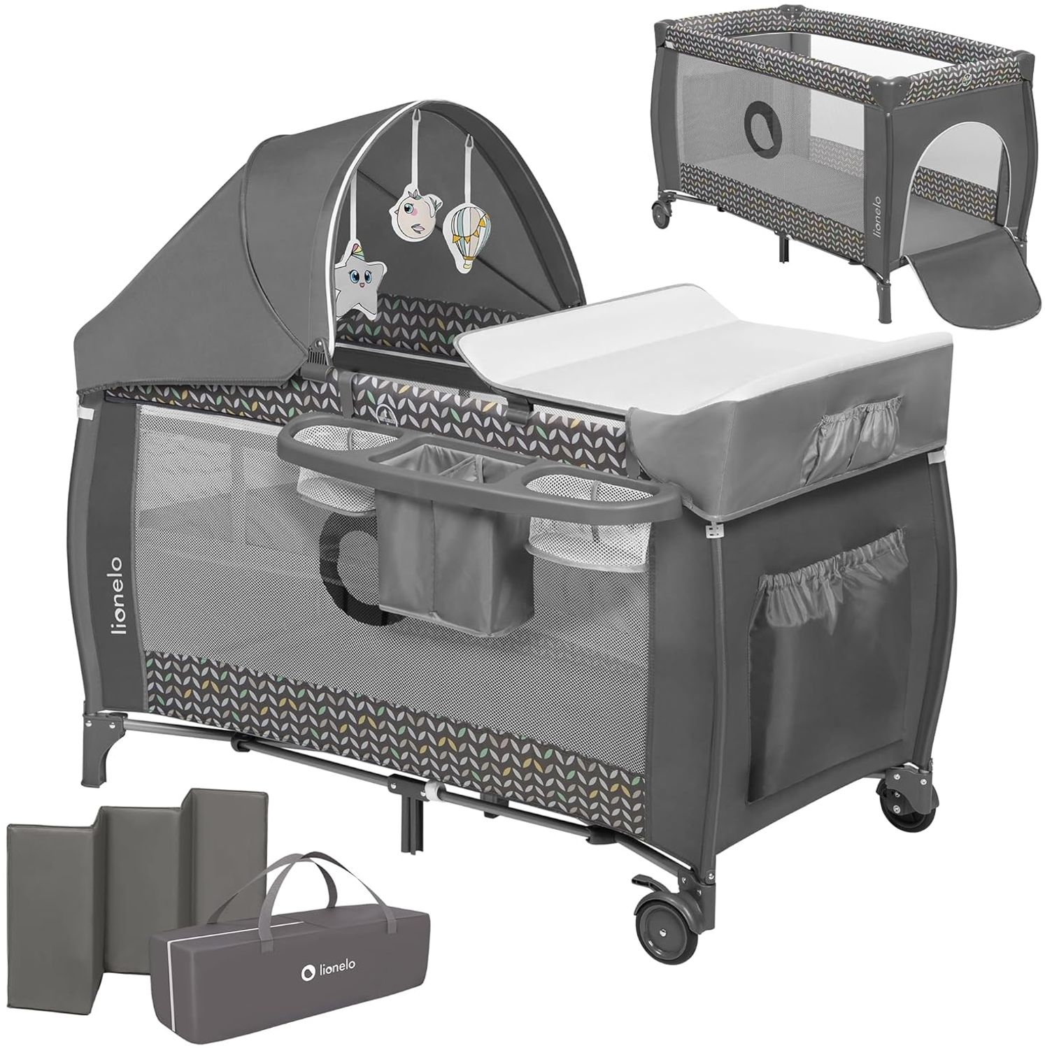 Lionelo Sven Plus 2 in 1 Baby Bett Laufstall Baby ab Geburt bis 15 kg Wickelauflage Moskitonetz luftige Seitenwände mit Seiteneingang Tragetasche zusammenklappbar (Grey Scandi) Bild 1