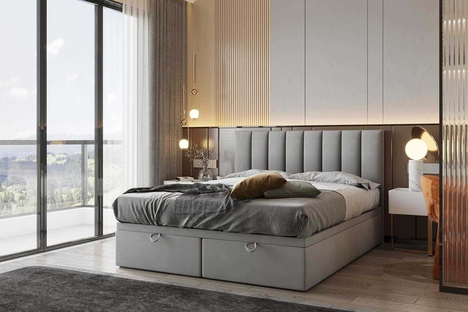 TRADA Boxspringbett Bond mit Bettkästen Doppelbett mit Matratze Polsterbett (140x200 cm, Grau) Bild 1