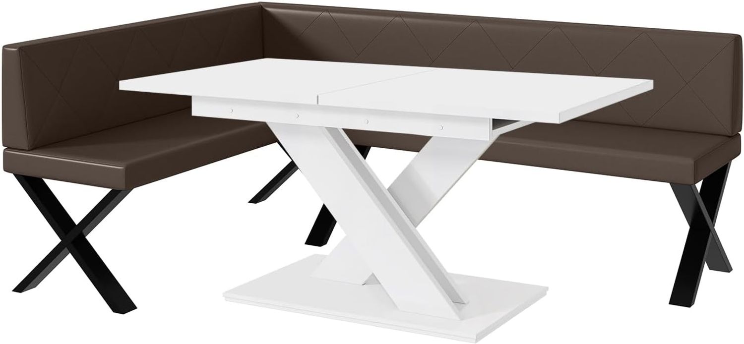 MEBLINI Eckbank für Esszimmer mit ausziehbarem Tisch - Küchenbank - Essecke - Sitzecke Küche - ERIC - X-Beine 142x196x87cm Links - Braun Kunstleder/B Weiß Matt Bild 1