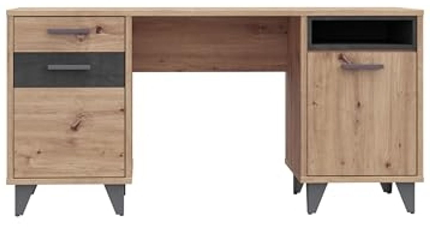 FORTE Raven Schreibtisch mit 1 Schublade und 2 Türen, Holzwerkstoff, Betonoptik Dunkelgrau/Artisan Eiche, B x H x T: 150 x 74 x 60 cm Bild 1