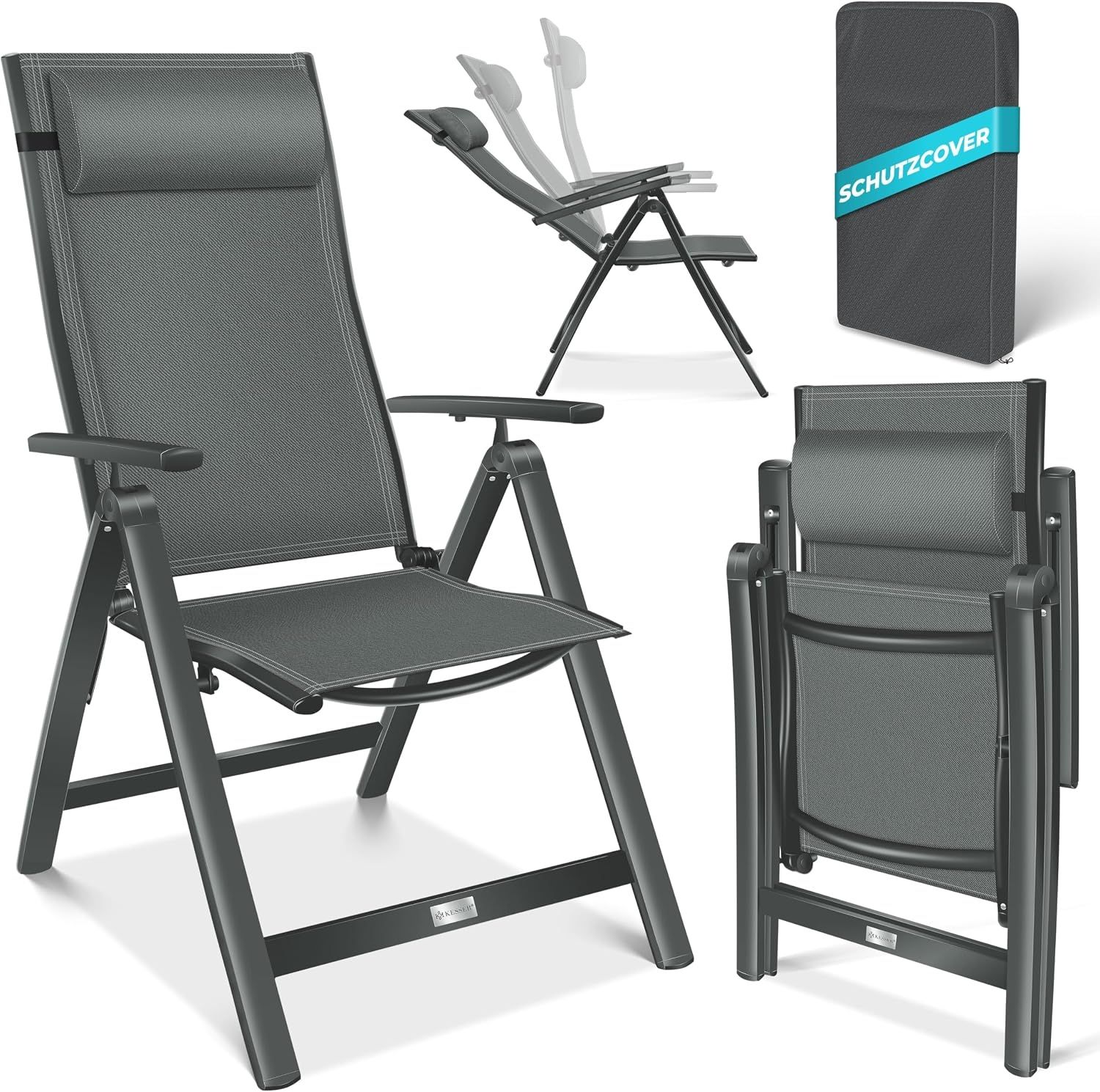 KESSER® Gartenstuhl Hochlehner mit Armlehnen | Aluminium Klappstuhl inkl. Kopfkissen Campingstuhl 7-Fach Verstellbar Rückenlehne | Atmungsaktiv & Wetterfest | Klappbar & Anti-Rutsch Anthrazit, 1 Stück Bild 1