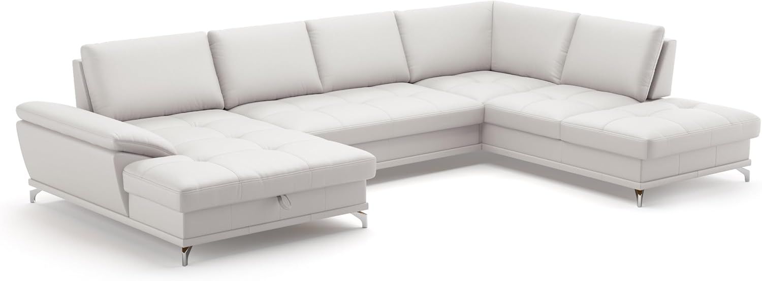 Cavadore Wohnlandschaft Castiel mit Federkern / Sofalandschaft mit XL-Longchair, Sitztiefenverstellung, satinierten Metallfüßen / 363 x 89 x 223 / Echtleder, Weiß Bild 1