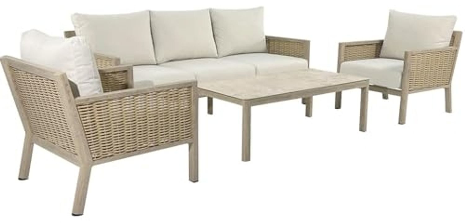 DRW Sofa-Set, Couchtisch und 2 Sessel aus Aluminium und Rattan in Beige und Natur, Sessel 75 x 85 x 75 cm, Sofa: 165 x 85 x 75 cm, Tisch: 90 x 60 x 44 cm Bild 1