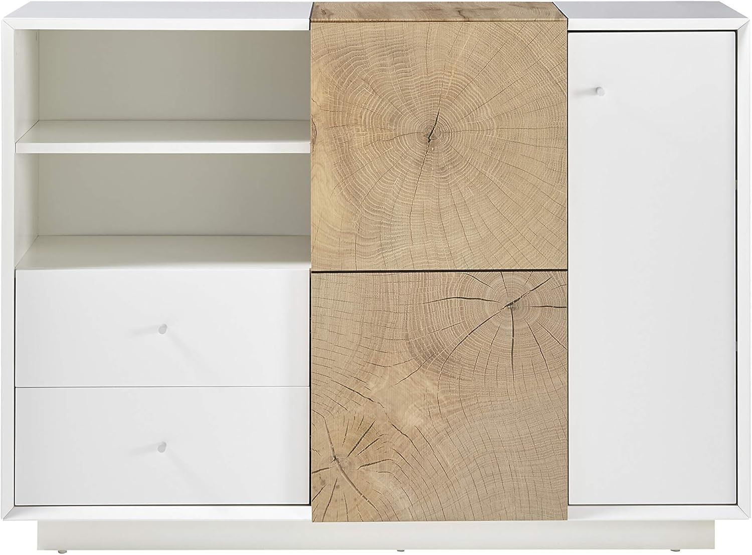 Robas Lund Wohnzimmerschrank Kommode weiß matt, Wohnzimmerschrank mit Absetzung Eiche Hirnholzoptik, BxHxT 116 x 83 x 40 cm Bild 1